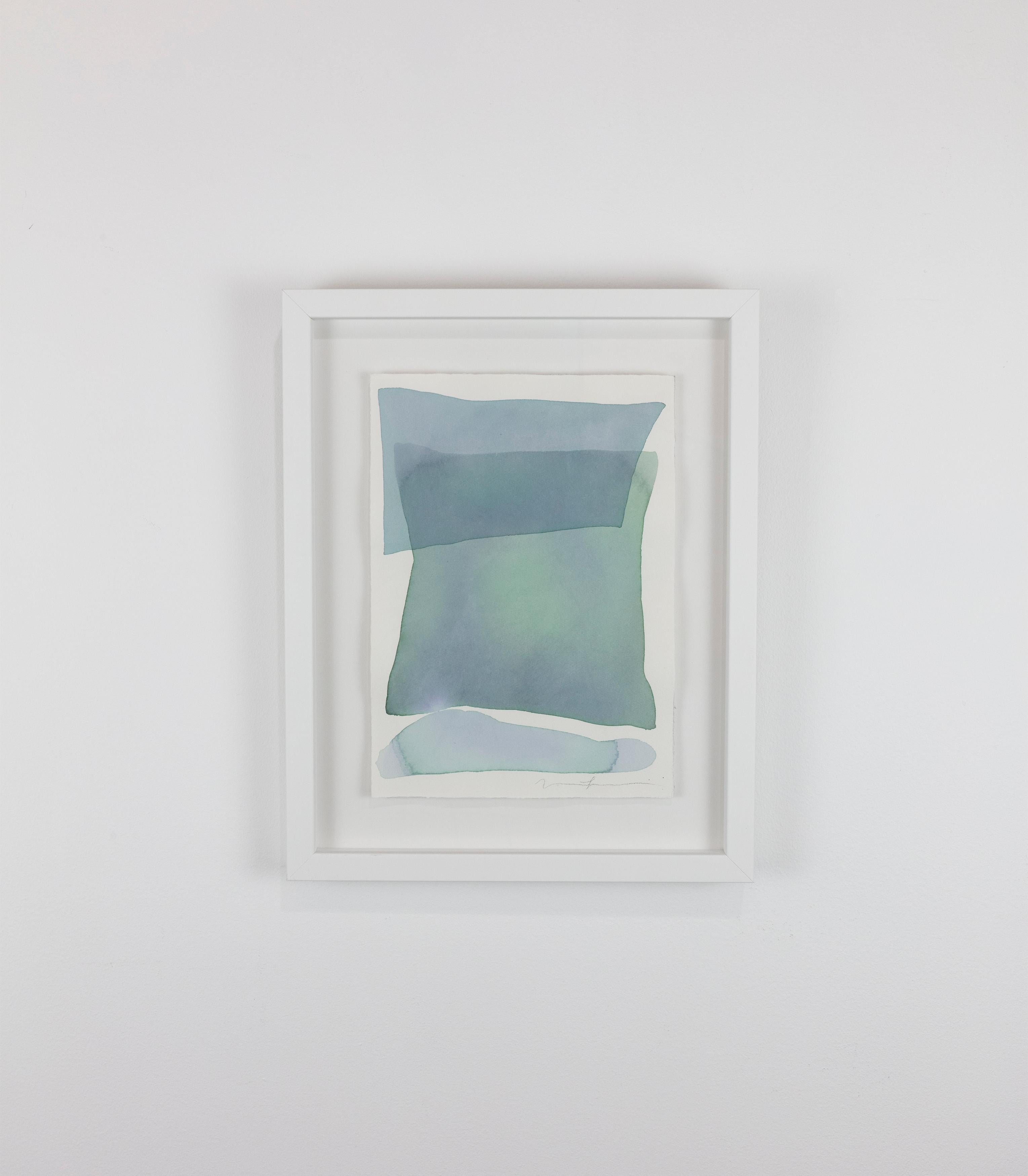 This original abstract watercolor painting by Nealy Hauschildt features a light blue and green palette, with organic planes of washy color applied in layers to create an abstract, organic, and balanced composition. The painting on paper is 10.25
