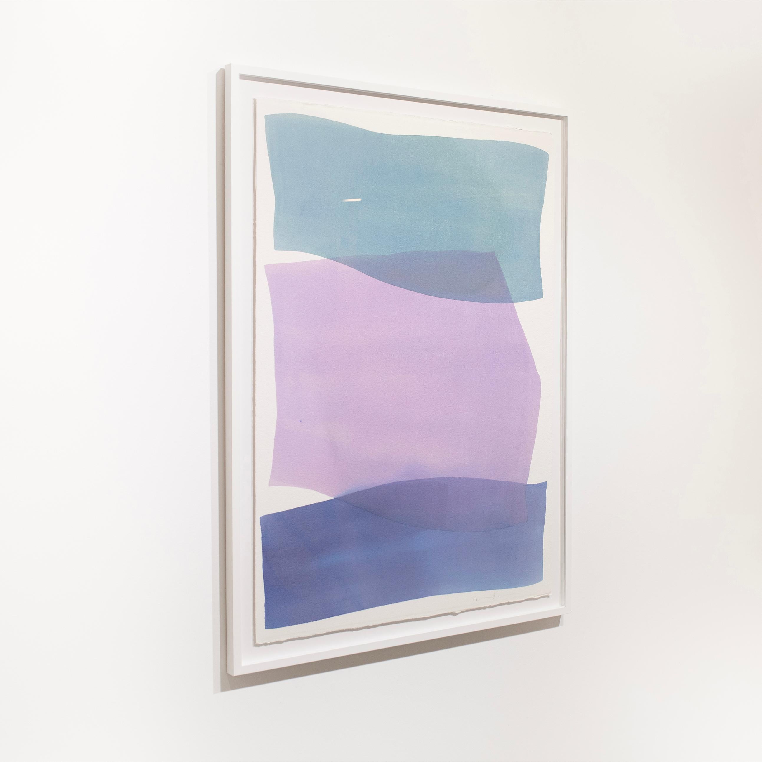 This original abstract watercolor painting by Nealy Hauschildt features a saturated blue, teal, and light violet palette. The artist layers three large organic planes of washy color over one another for a balanced abstract composition. The painting