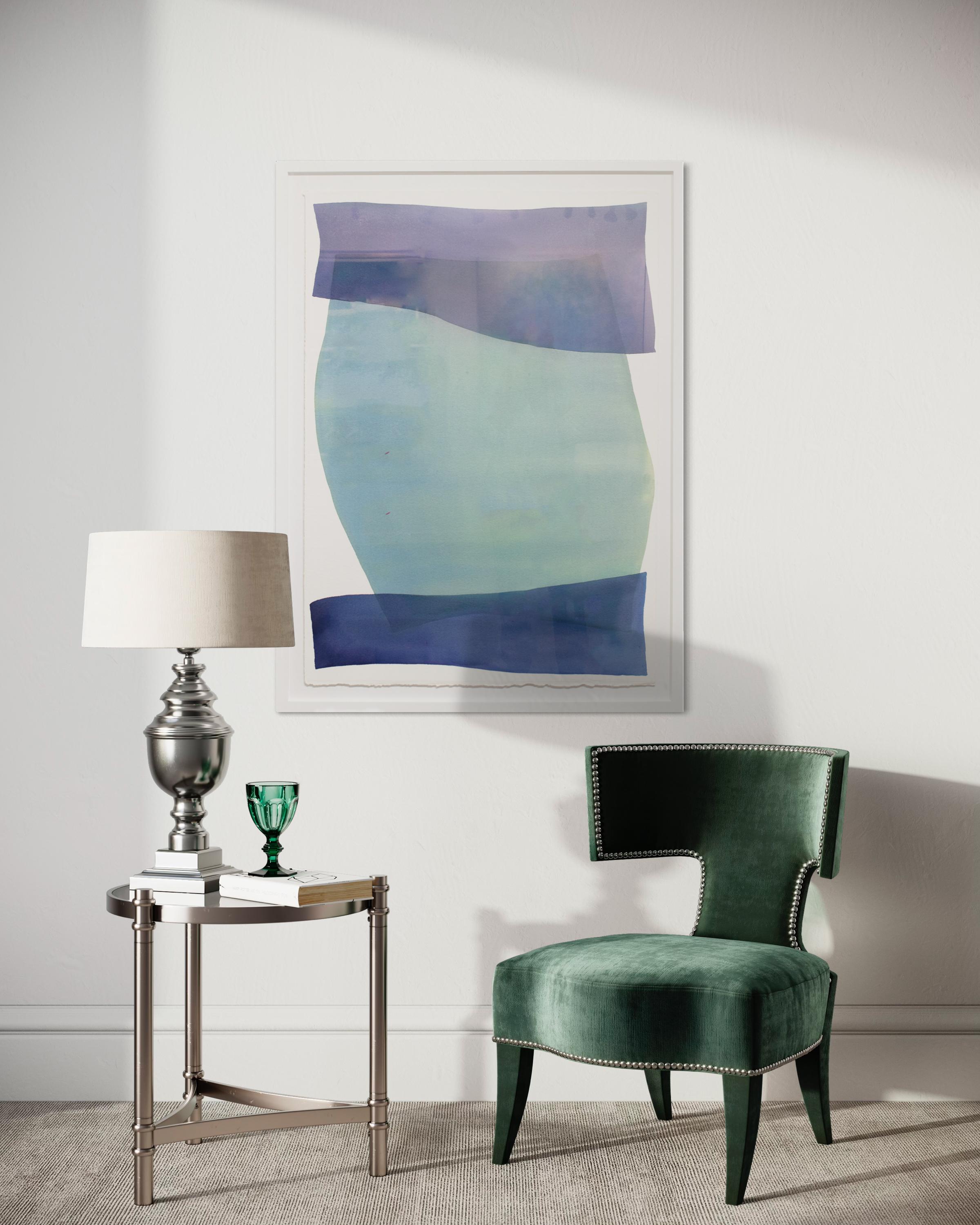 This original abstract watercolor painting by Nealy Hauschildt features a deep blue, violet, and turquoise palette, with three large organic planes of washy color layered over one another for a balanced, minimalistic, abstract composition. The