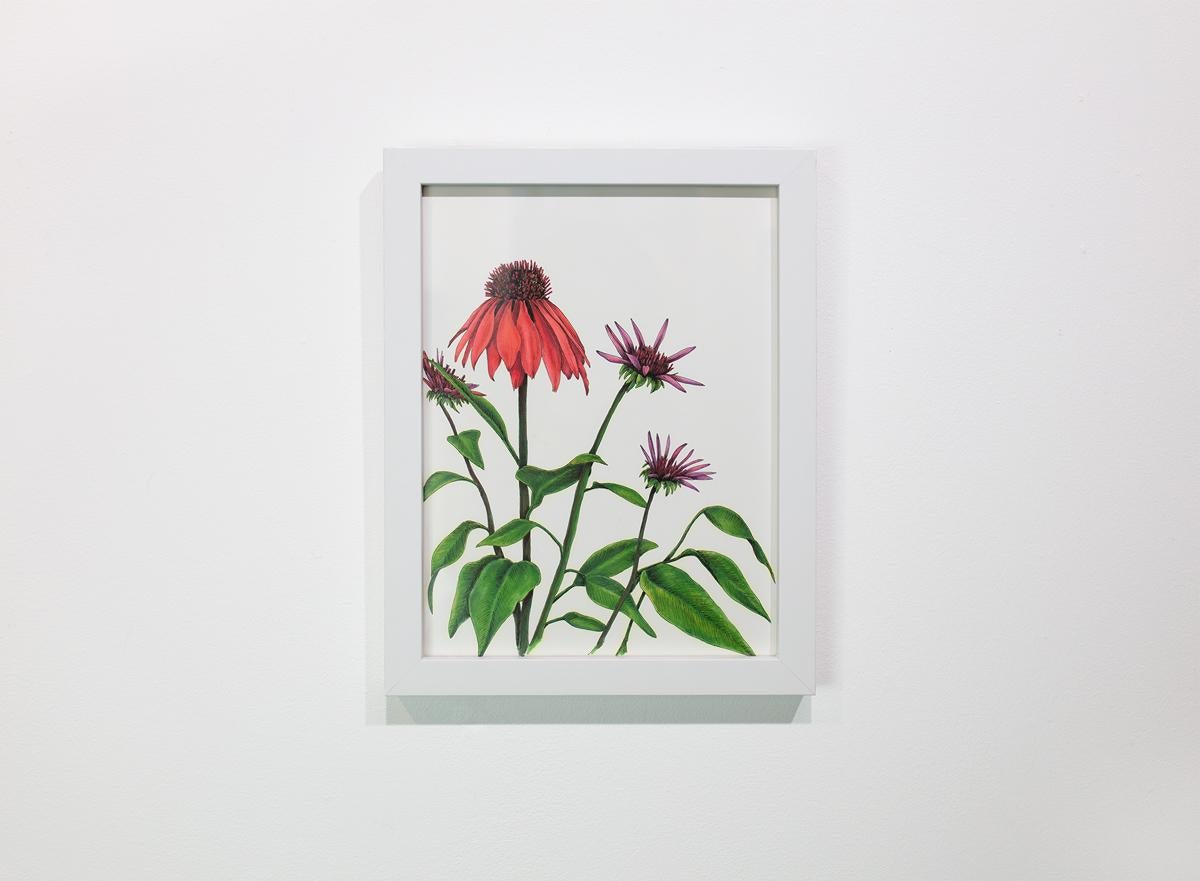 This original hand-drawn botanical illustration by Elizabeth Iadicicco is made with illustration marker and pen on Strathmore marker paper, and captures a large red flower and smaller violet flowers in bloom with green stems and leaves on a