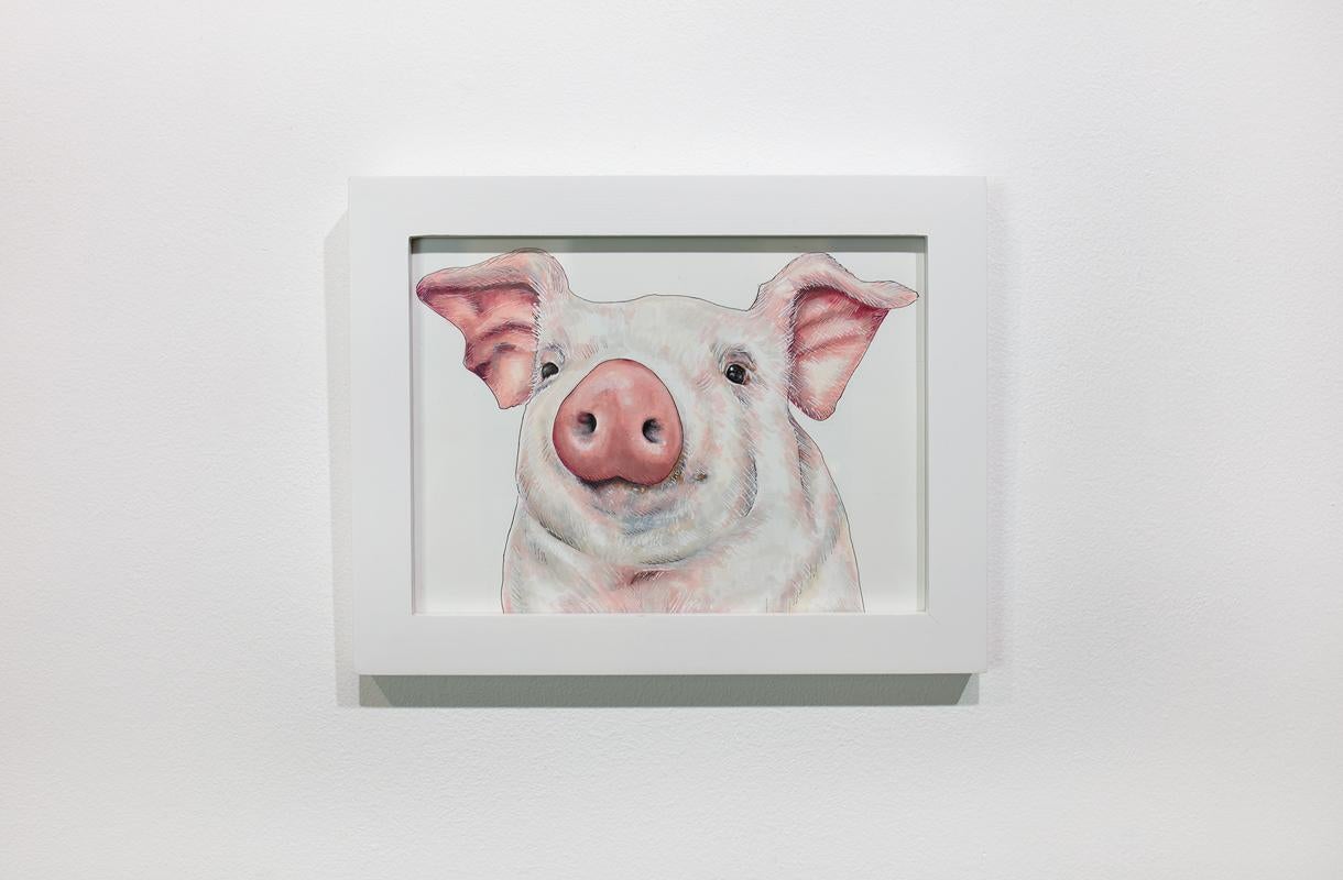 This small original hand-drawn illustration by Elizabeth Iadicicco is made with illustration marker, pen, and colored pencil on Strathmore marker paper. The drawing captures a portrait of a pig on a minimalist white background. The drawing itself