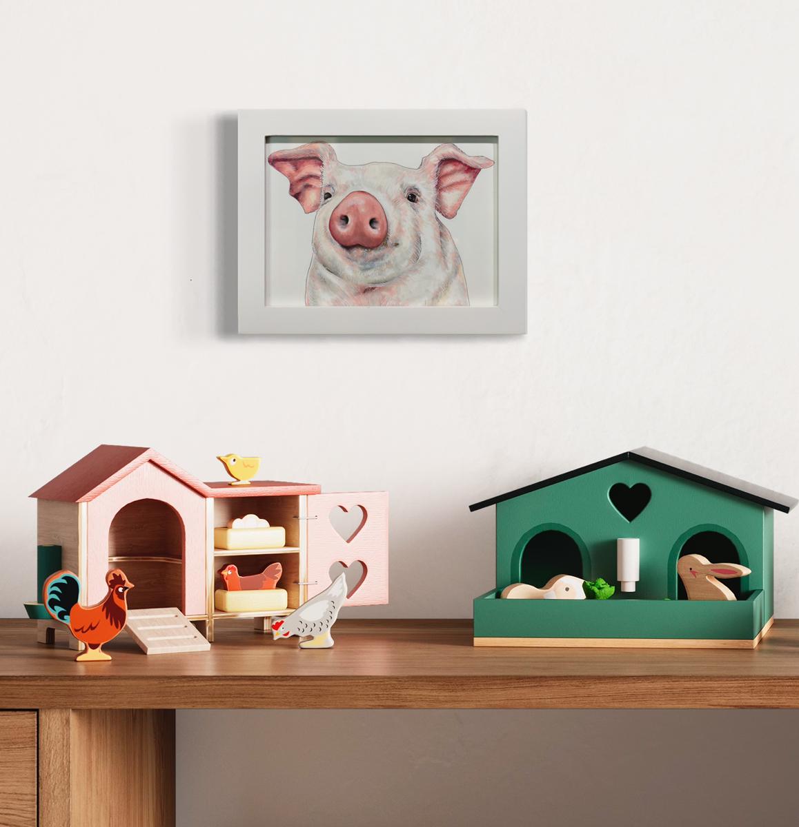 Illustration d'animaux encadrée « Pig » dessinée à la main - Autres styles artistiques Art par Elizabeth Iadicicco
