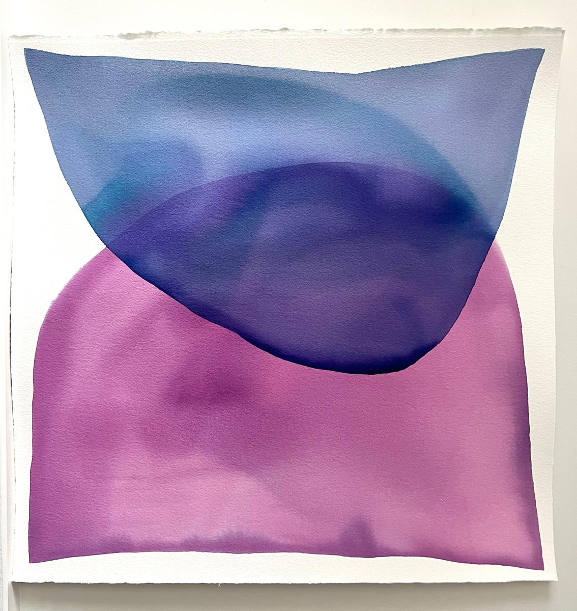 This original abstract watercolor painting by Nealy Hauschildt features a deep blue and magenta palette, with two large organic planes of washy color layered over one another for a balanced, minimalistic, abstract composition. The painting is 30
