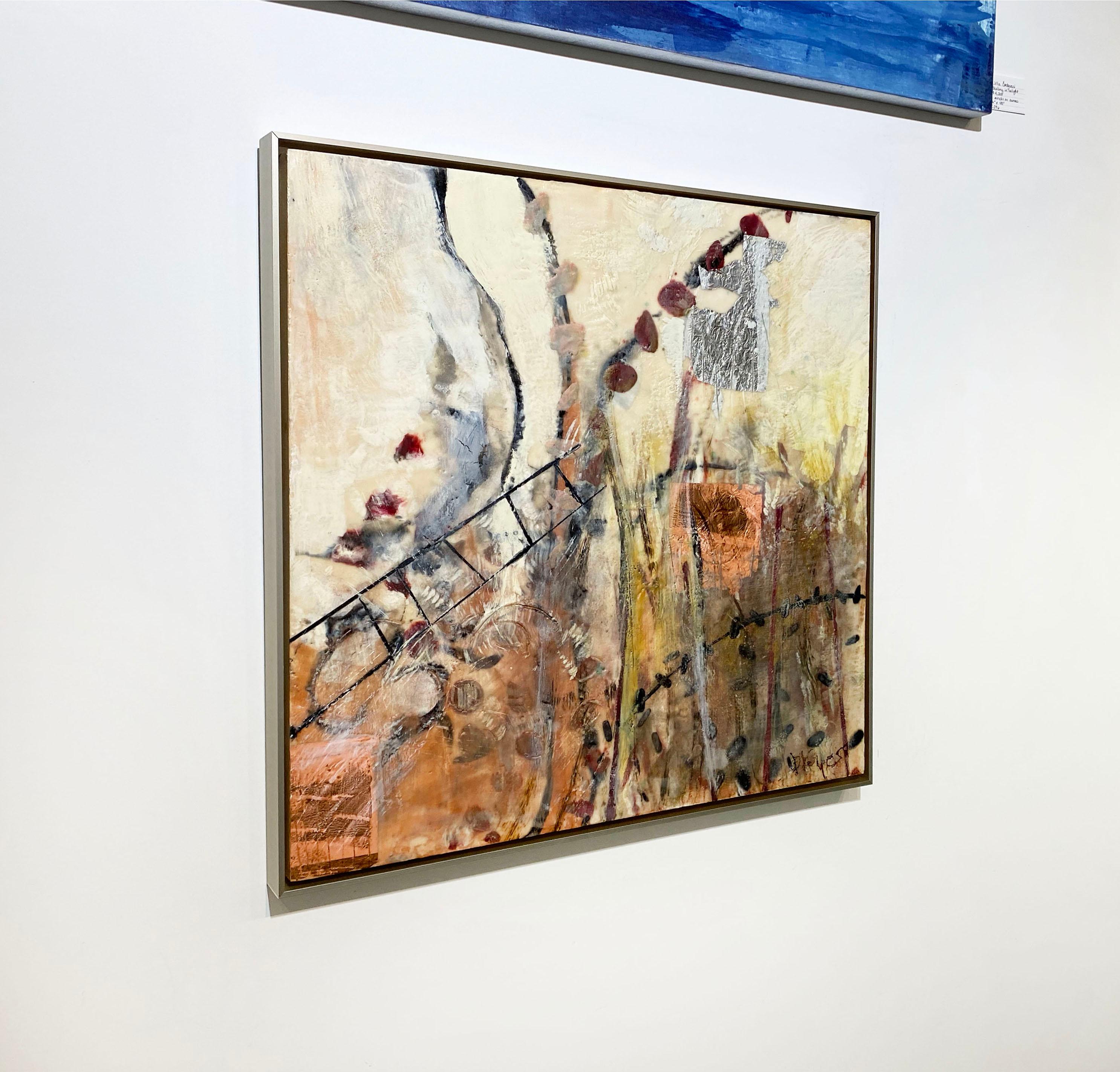 This encaustic painting with copper and silver leaf on board measures 30