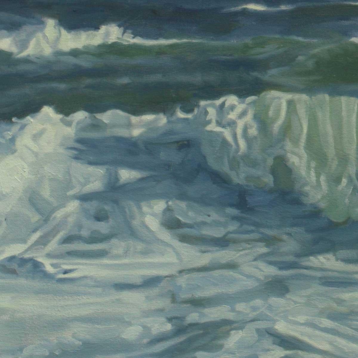 This original oil painting is a highly detailed, coastal rendering of rolling waves crashing at an ocean shoreline with a clear blue sky above the horizon line. The blue sky is a balance of light, vibrant blue with hints of a lavender blended