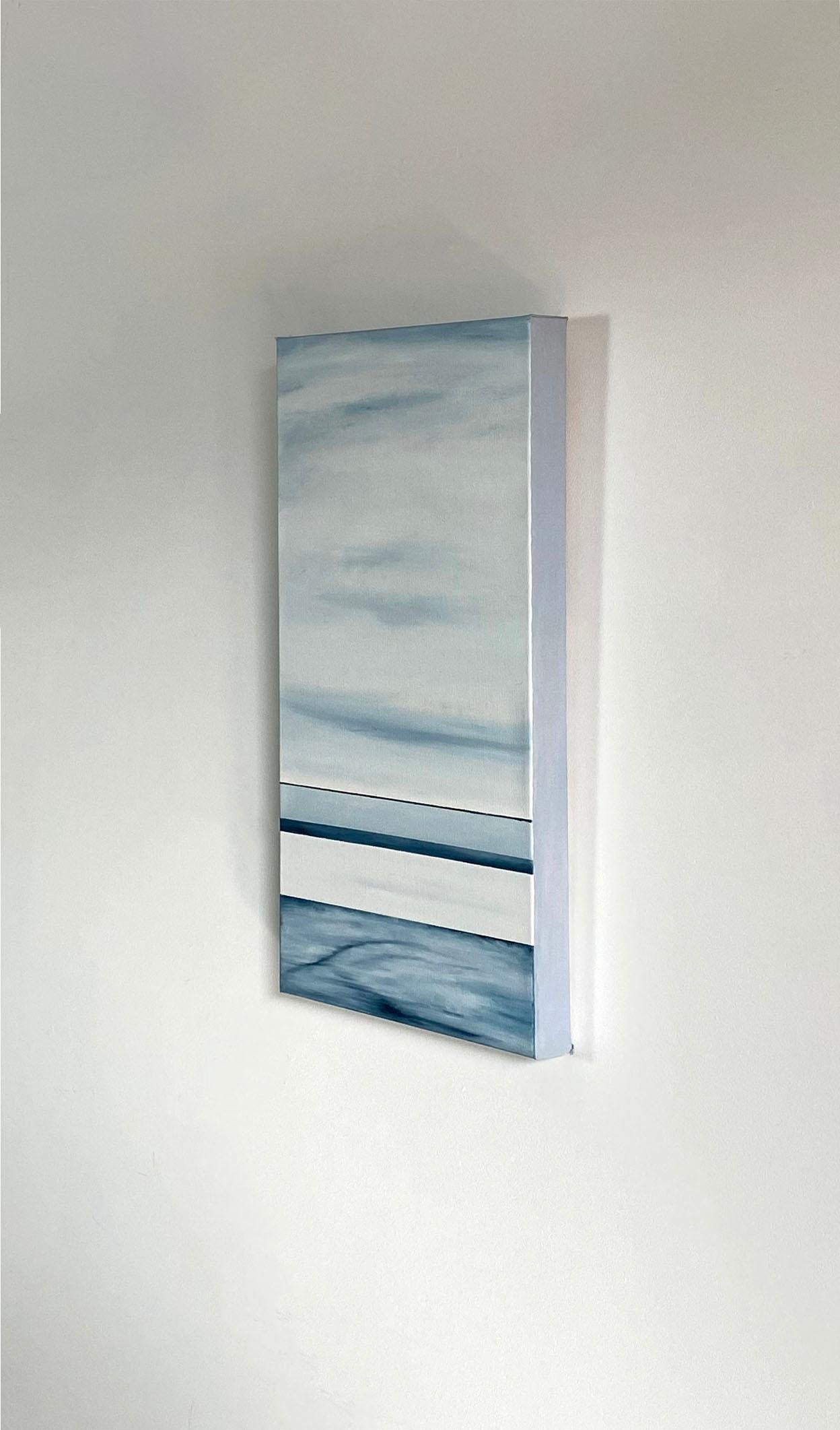 This mid-sized original abstract painting by Tony Iadicicco is made with oil paint on gallery wrapped canvas. Dark blue horizontal lines are located approximately one third of the way up from the bottom of the canvas, with grey and white filling the