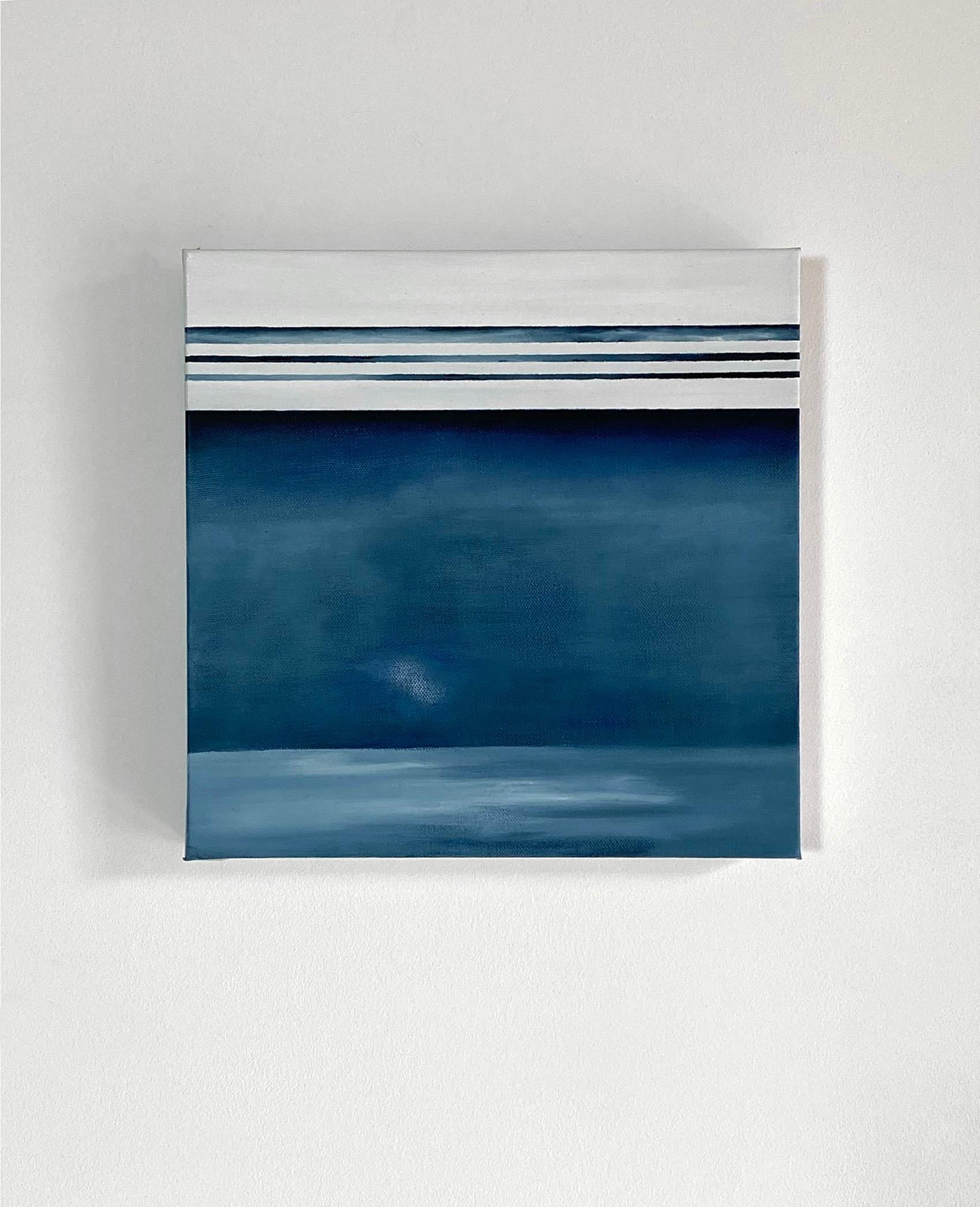 This small abstract painting by Tony Iadicicco is made with oil paint on gallery wrapped canvas. Three parallel dark blue-grey horizontal lines are located at the top of the composition, with white on either side and between them. A larger block of