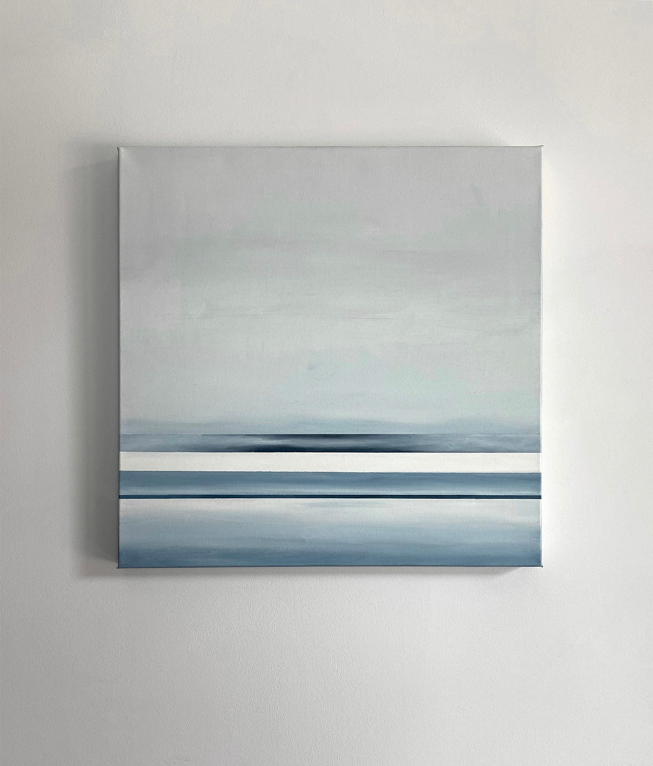 This small original abstract painting by Tony Iadicicco is made with oil paint on gallery wrapped canvas. Four dark blue and grey horizontal parallel lines are grouped in pairs and located on the bottom portion of the composition, with white between