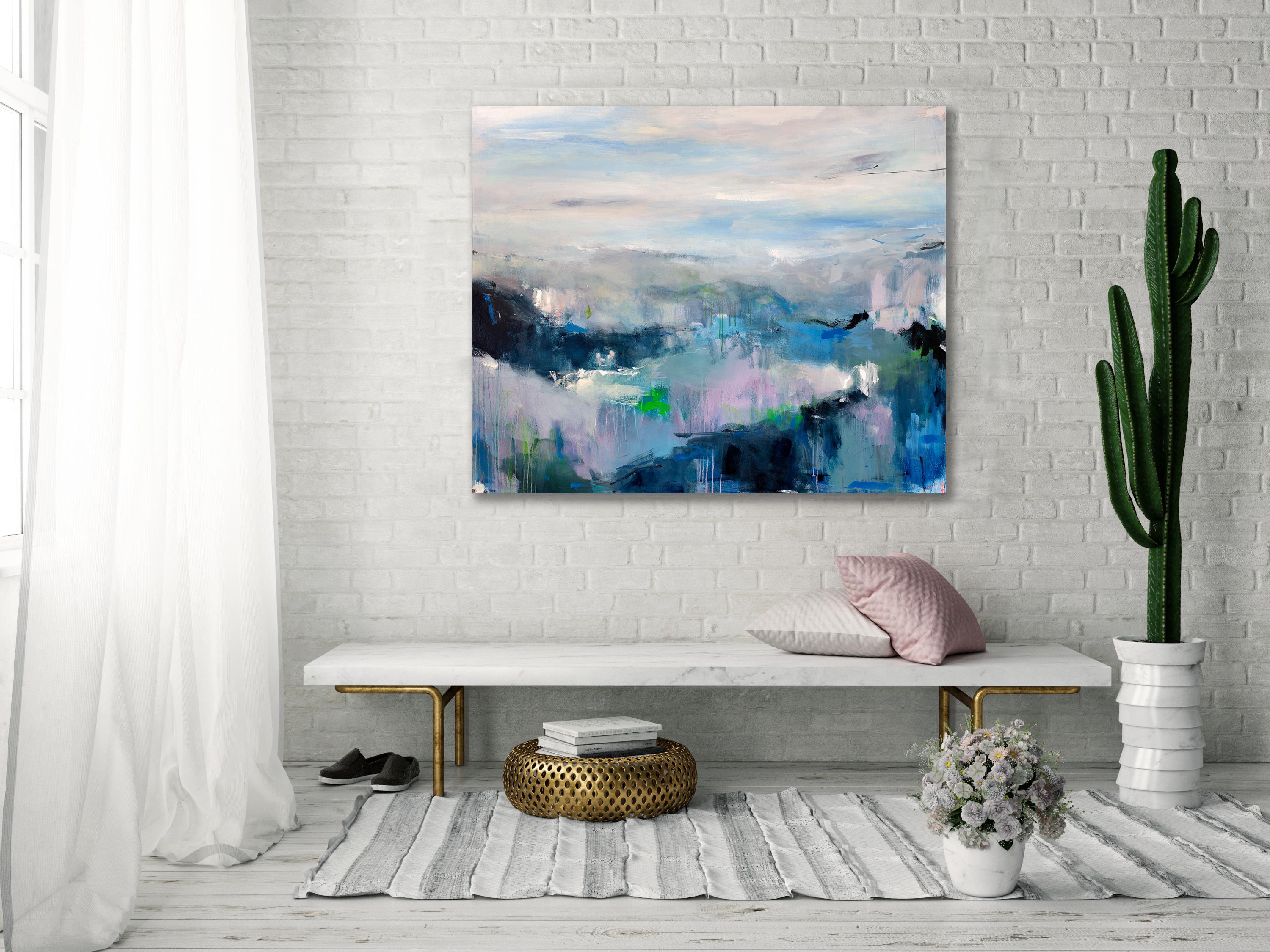 This large-scale contemporary painting is made with acrylic paint on gallery-wrapped canvas. While abstract, it features the loose aesthetic of a horizon line, giving it the aesthetic of an abstract landscape. Drips and layers of blended blue and