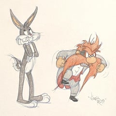 Warner Brothers Virgil Ross Animation Drawing of Bugs Bunny and Yosemite Sam