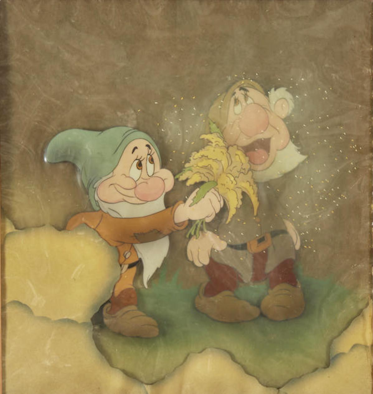 Original Walt Disney Production Cels on Courvoisier Background from Snow White and the Seven Dwarfs
Studio: Walt Disney
Medium: Production cels on Courvoisier background
Film: Snow White and the Seven Dwarfs
Year: 1937
Characters: Sneezy and