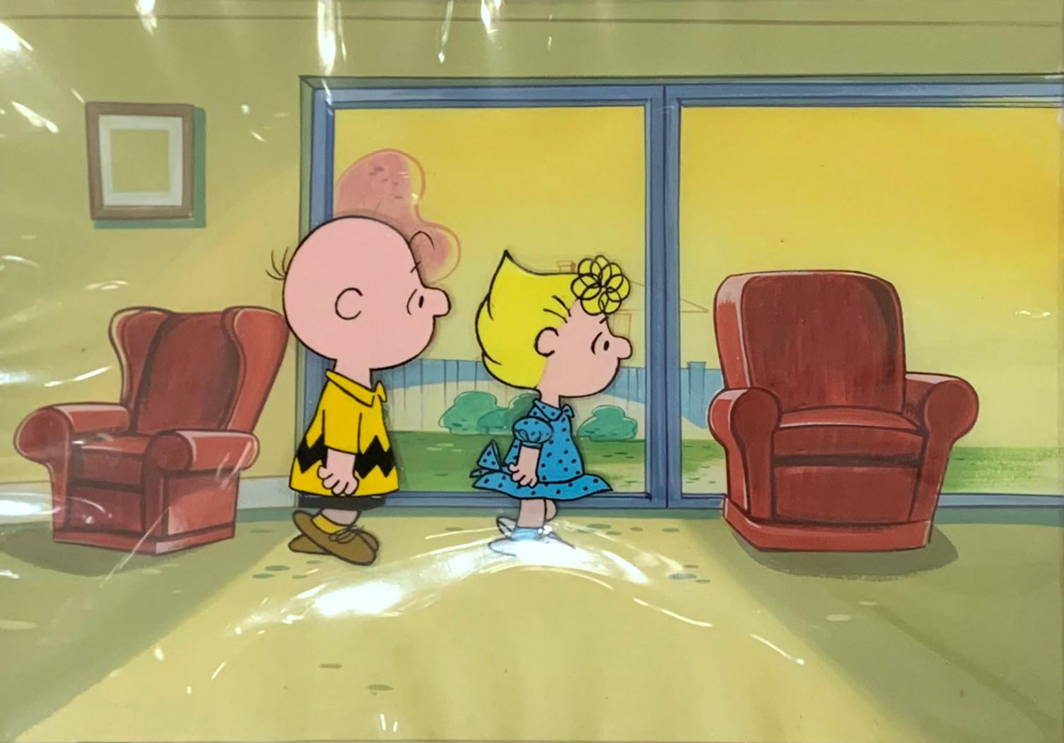 Original Peanuts Production Cel featuring Charlie Brown and Sally Brown - Painting by Charles M. Schulz