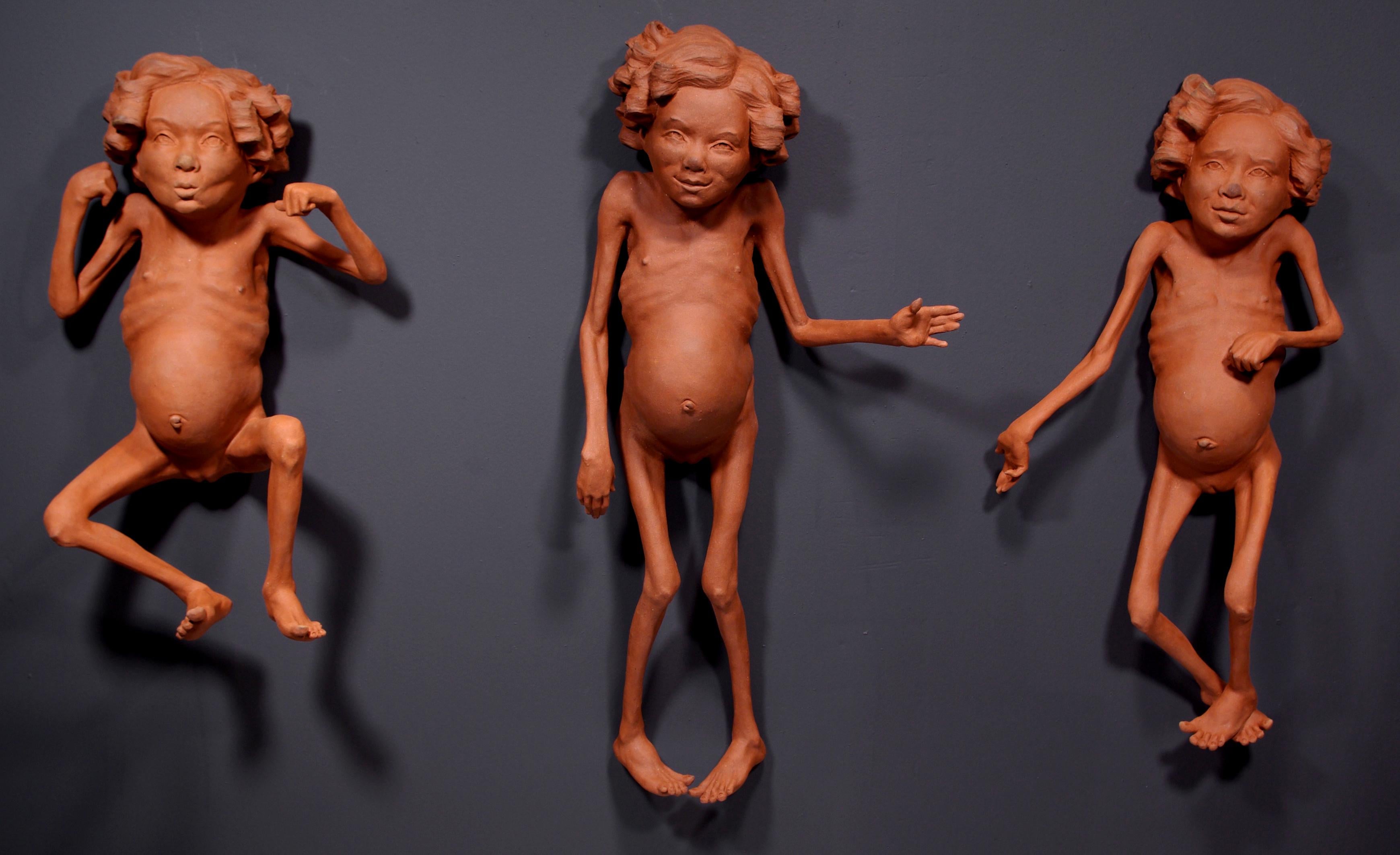 Anne Drew Potter Figurative Sculpture - THE THREE LITTLE GIRLS WITH SHIRLEY TEMPLE CURLS - contemporary nude sculpture