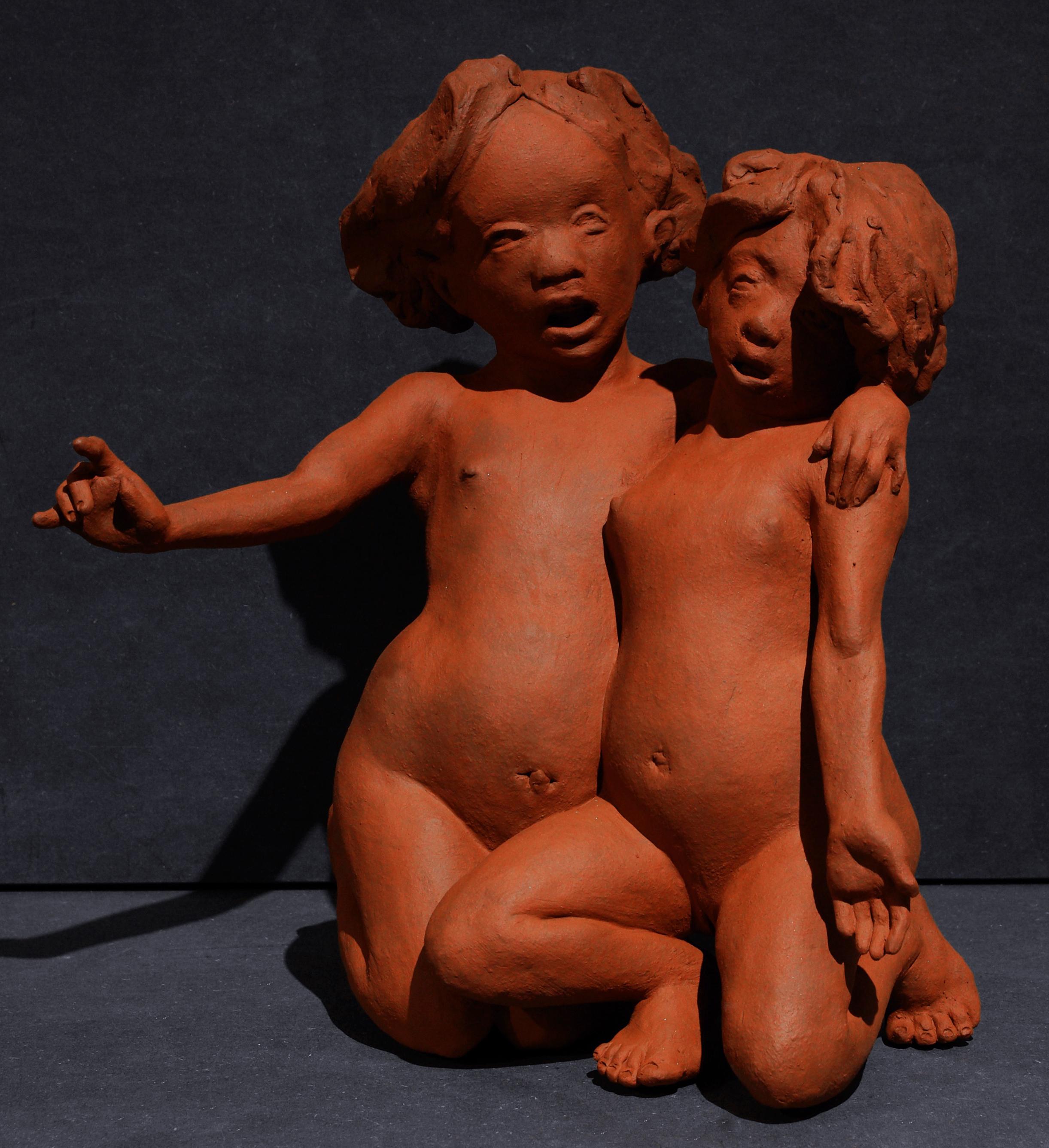 Anne Drew Potter Figurative Sculpture - THE SINGERS - contemporary ceramic sculpture of two nude girls