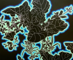 BLUE BUZZ - black and blue floral painting