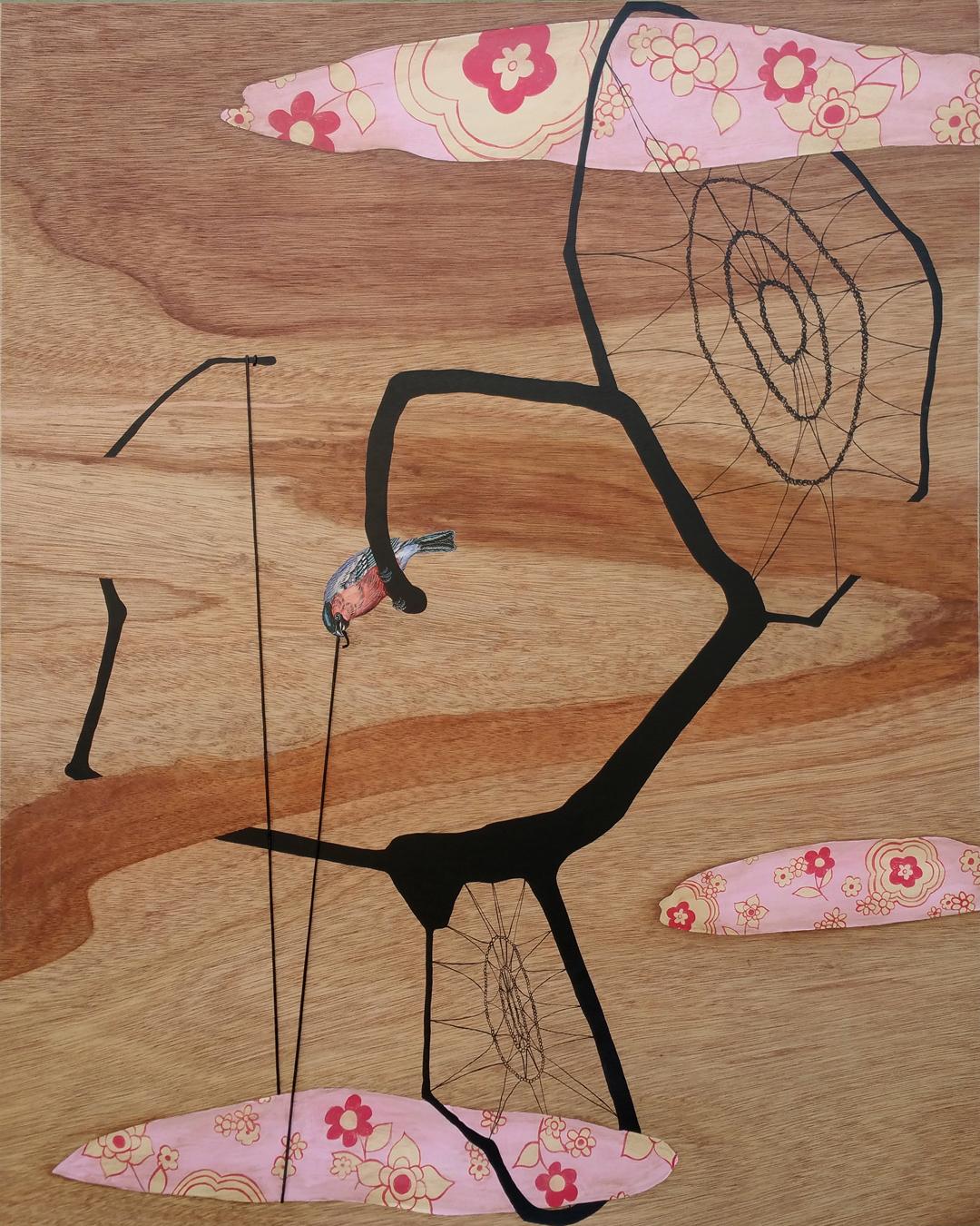 Angela Beloian Abstract Painting – CATCH - abstraktes Blumengemälde mit Vogel