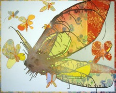 MATRIARCH III -abstract floral painting of butterfly with fabric 