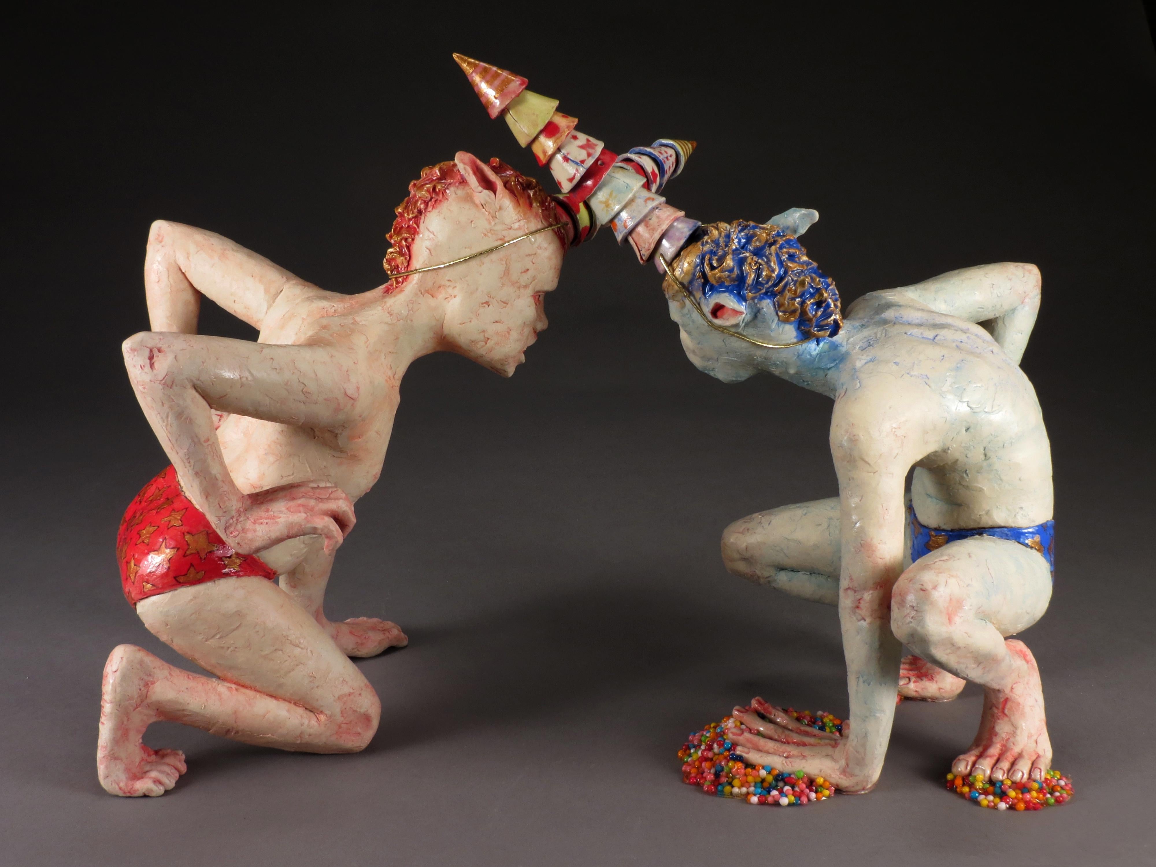 PARTY BOYS - surreal ceramic sculpture - monsters - Sculpture by Magda Gluszek