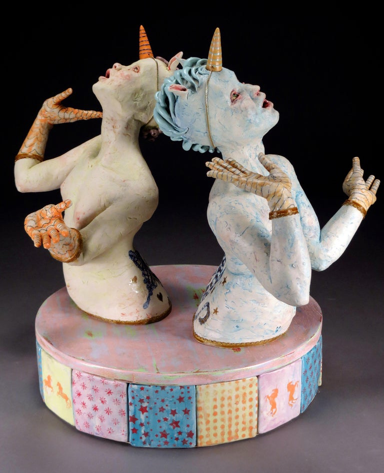 Magda Gluszek Figurative Sculpture - BACK TO BACK - surreal ceramic sculpture 