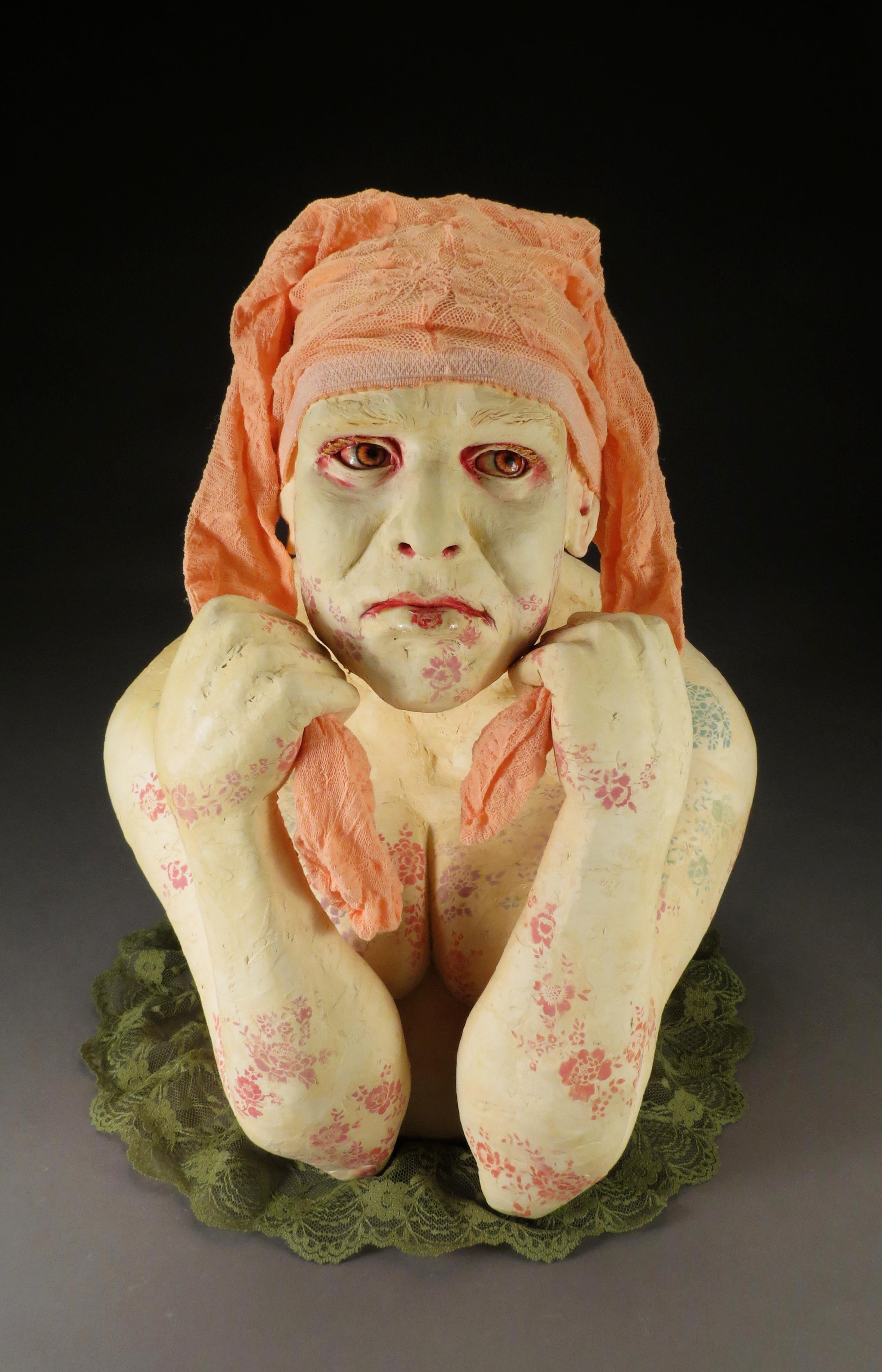 Magda Gluszek Figurative Sculpture - BEING THE BUFFOON - ceramic sculpture of woman 