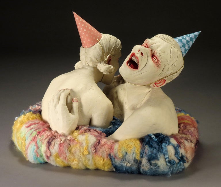 Magda Gluszek Figurative Sculpture - DON'T LAUGH TOO HARD OR YOU'LL END THE DAY CRYING - surreal ceramic sculpture 