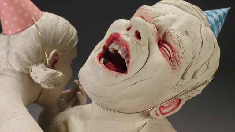 DON'T LAUGH TOO HARD OR YOU'LL END THE DAY CRYING - surreal ceramic sculpture  - Surrealist Sculpture by Magda Gluszek