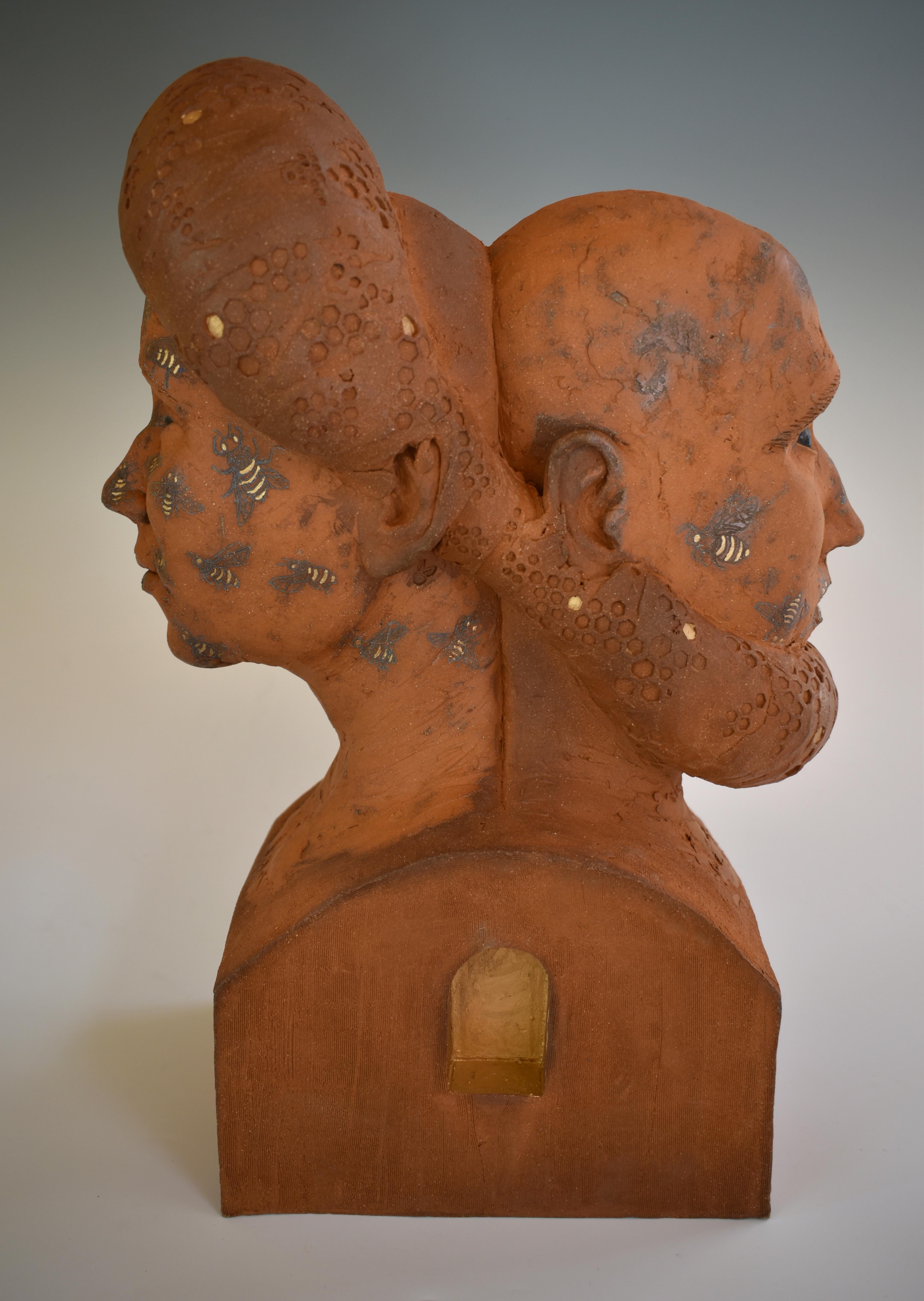 Magda Gluszek Figurative Sculpture - WE'RE (ALWAYS) IN THIS TOGETHER - surreal ceramic sculpture of man and woman