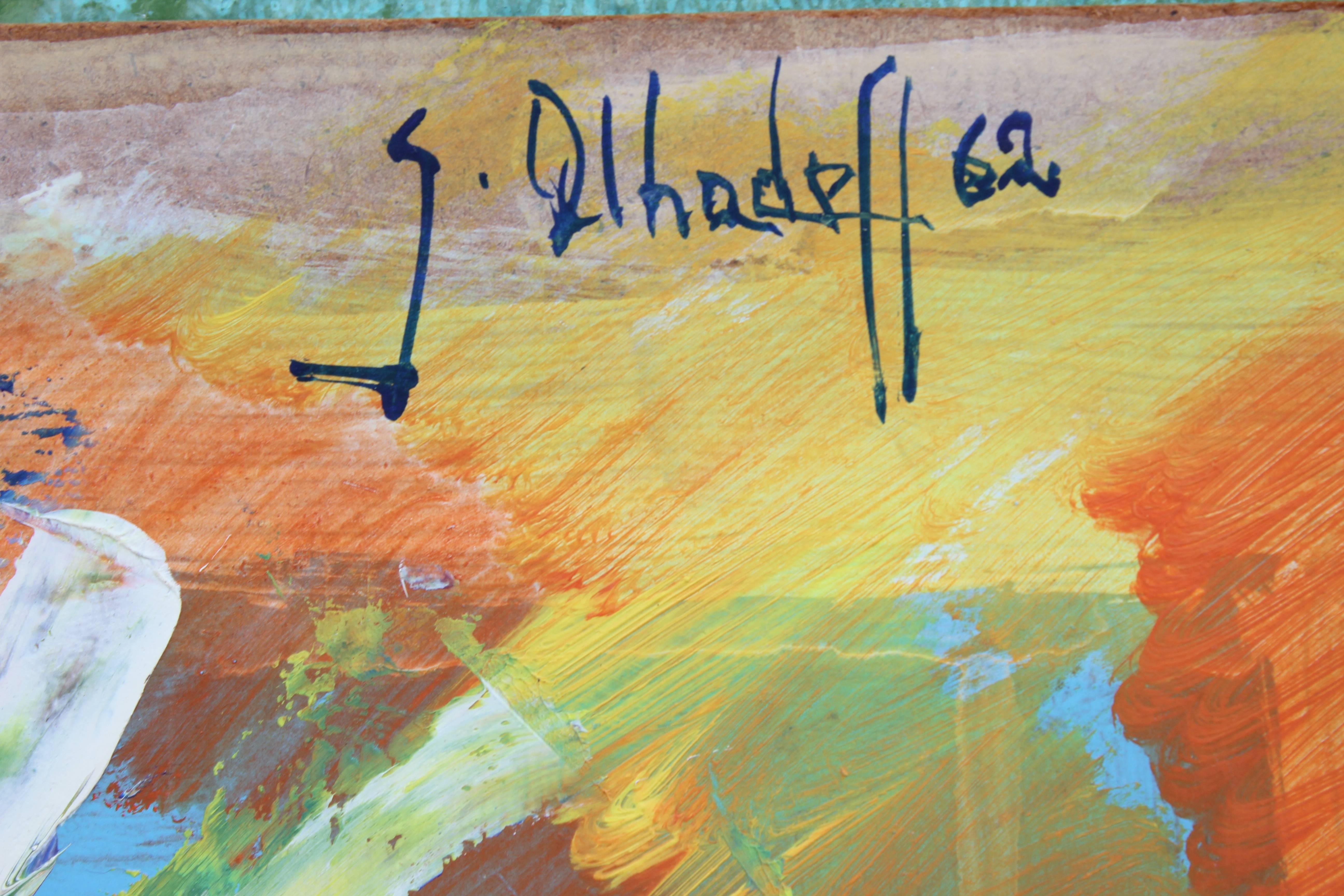 Abstraktes expressionistisches Tribal-Gemälde eines weiblichen Aktes in kräftigen, leuchtenden Farben des Künstlers Gustave Alhadeff aus dem Jahr 1962 mit Acrylfarben. Signiert in der oberen rechten Ecke. 

Biographie des Künstlers:
Der 1940 in