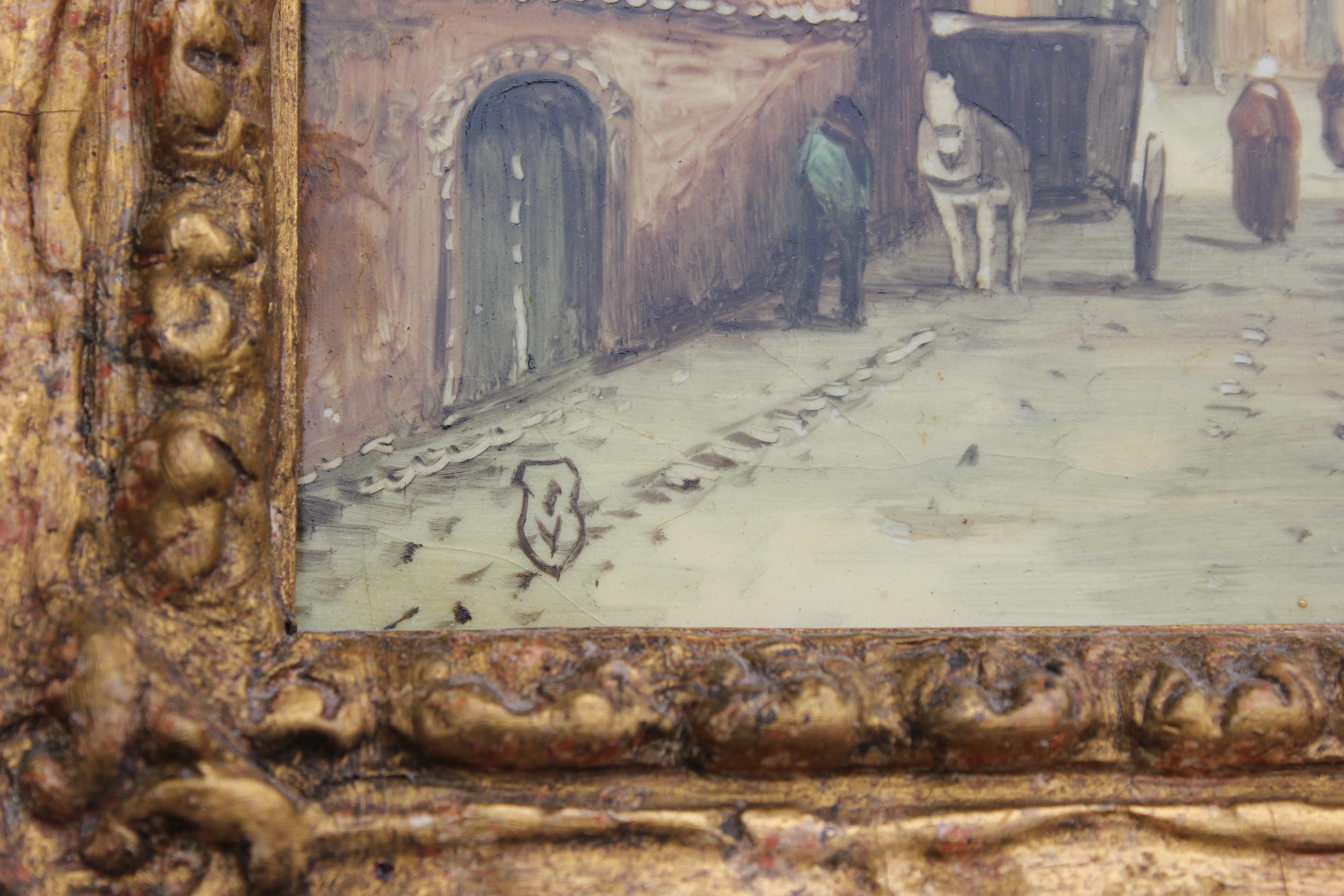 Little Dutch Village Street Scene on Tile - Baroque Painting by C. Fels