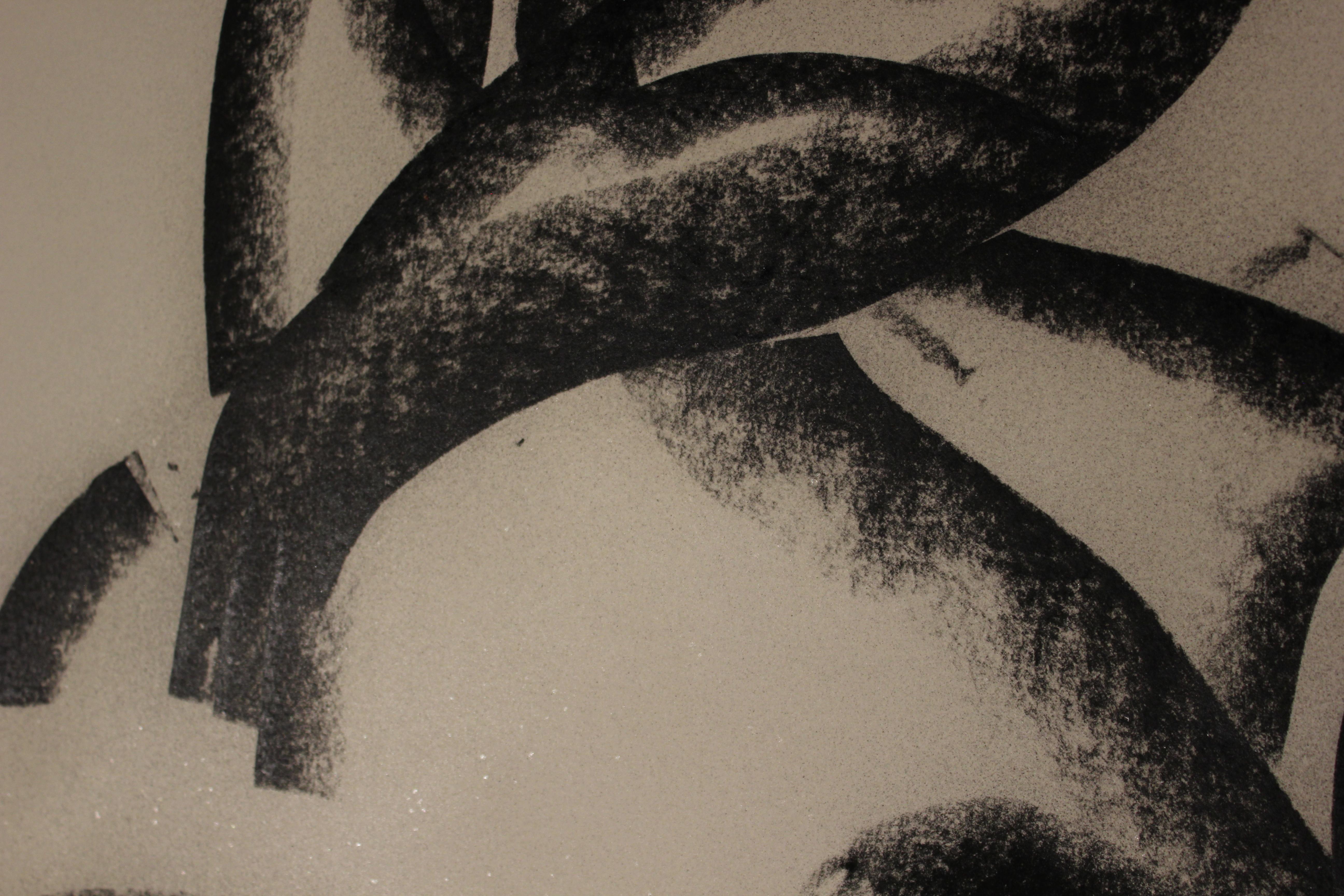 Das Schwarz-Weiß-Porträt einer auf ihren Absätzen sitzenden Frau in einem Stil:: der Abstraktion und Kubismus miteinander verbindet:: ähnlich wie das Werk von Fernand Leger. Signiert und datiert in der linken unteren Ecke. 

Biografie des Künstlers: