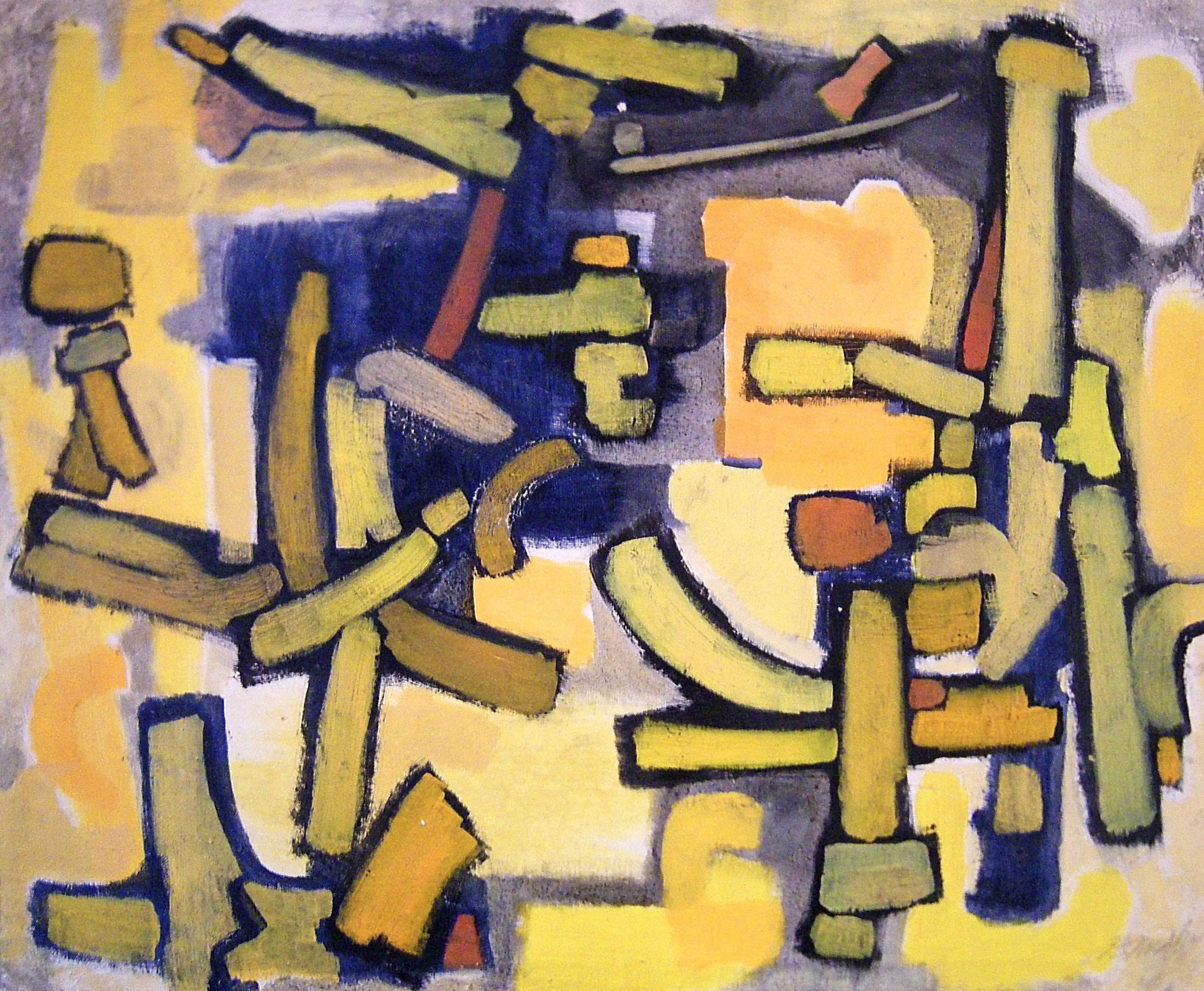 Robert Madden Abstract Painting - "Yellow Landscape" Cubist Expressionist Landscape Painting