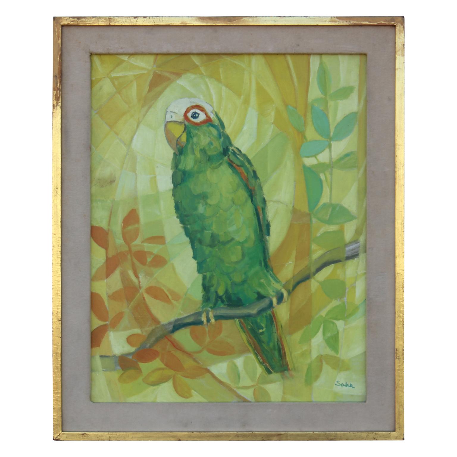 Judith-Ann Saks Animal Painting - Green Parrot on a Branch