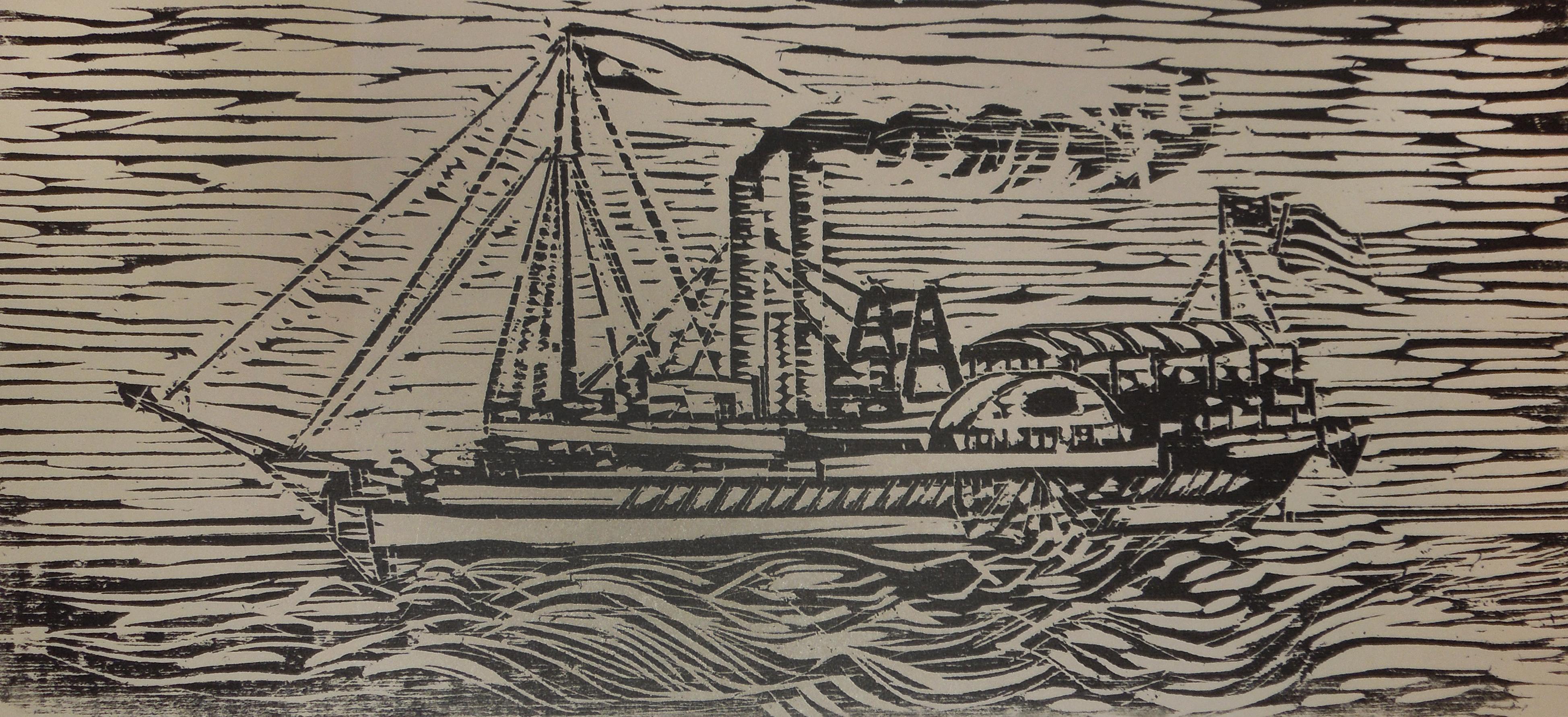 Lowell Daunt Collins Landscape Print - Naturalistic Ship Artist Proof Woodblock Print