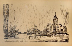 Town Square Naturalistic Woodblock Print