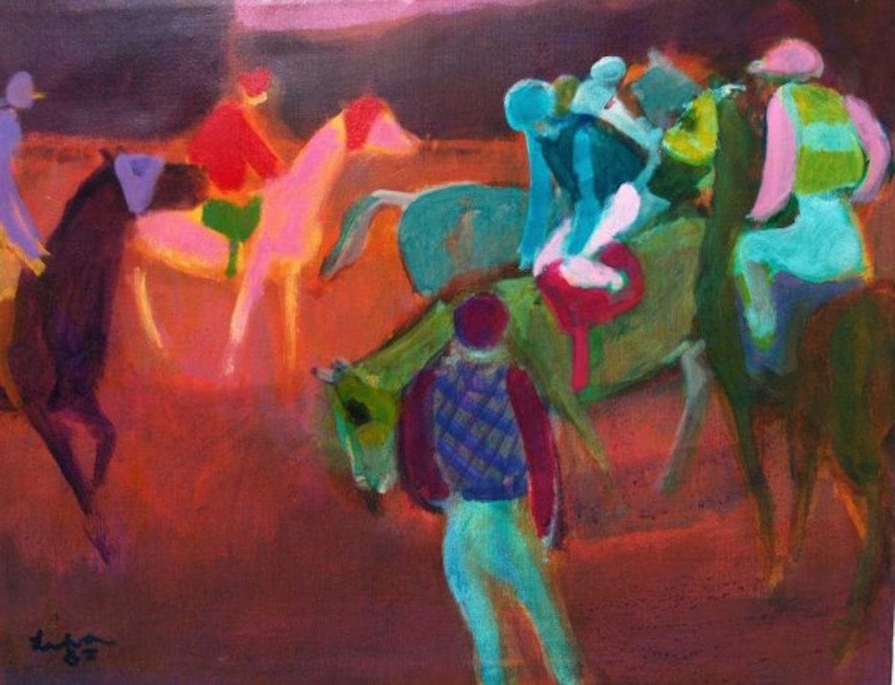 Gustav Likan Figurative Painting - "Jockeys and Horses" Abstract Impressionist Cool Toned Painting