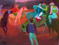 "Jockeys and Horses" Abstract Impressionist Cool Toned Painting