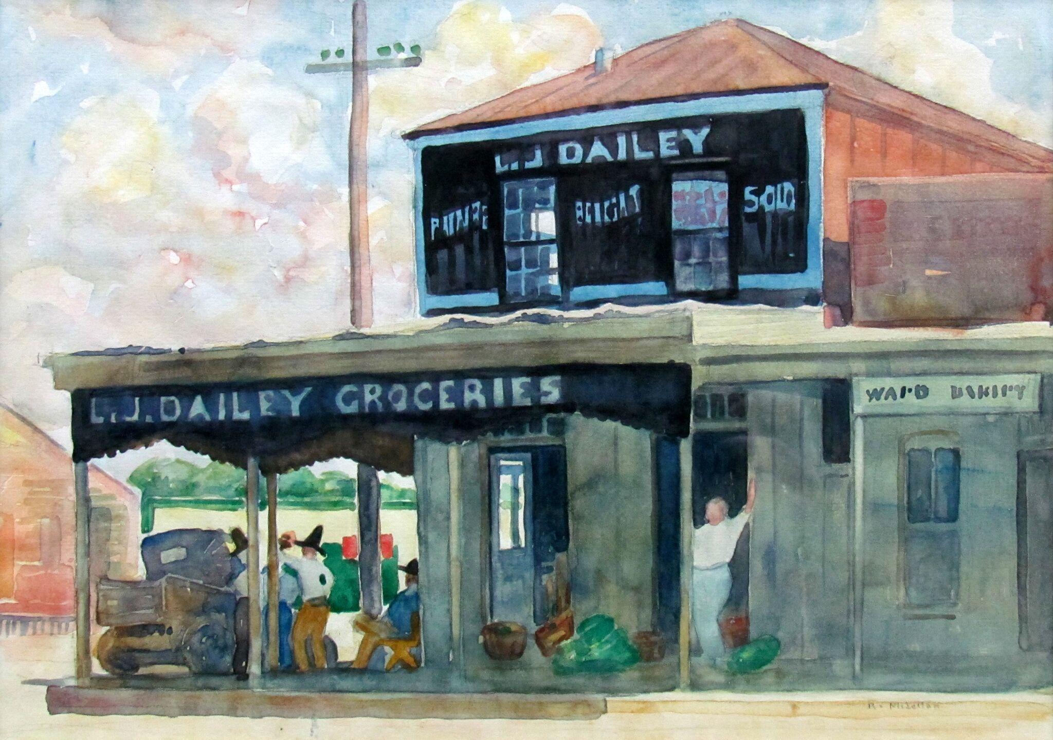 L. J. Dailey, San Marcos, TX Landscape Watercolor Store Front Painting - Art by Ralph D. McLellan