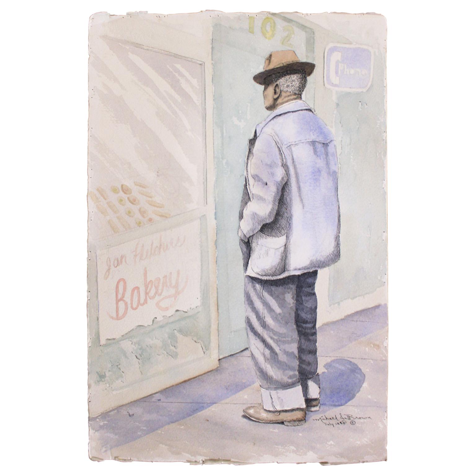 Michael Brown Figurative Art - Man In Front of Bakery Store Front