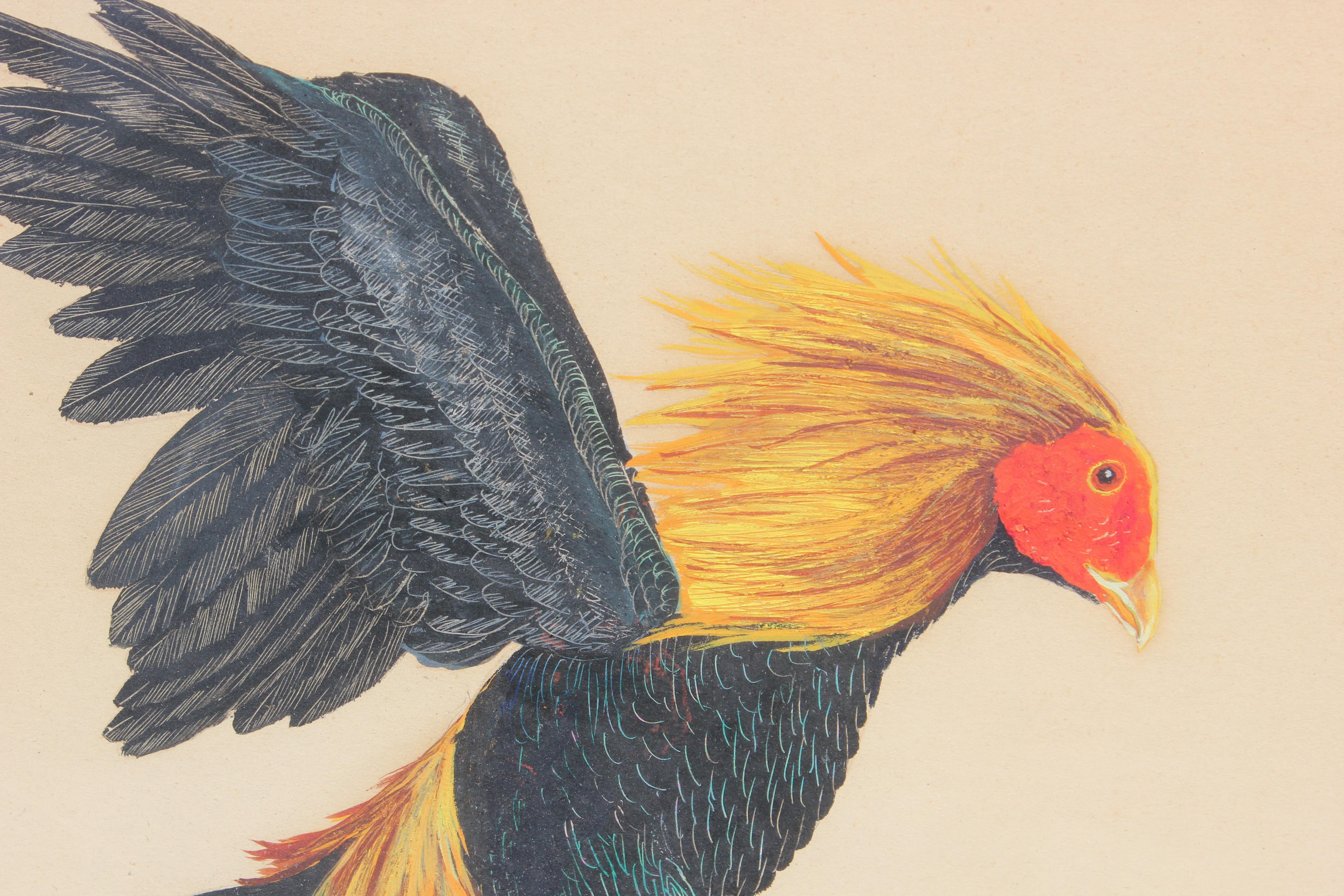 Galli illustrati nell'azione di combattimento. Parte di una coppia dell'artista Lem Palmer. 
Incorniciato in una cornice di legno. 