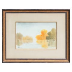 Vintage Watercolor Landscape View of a Lake