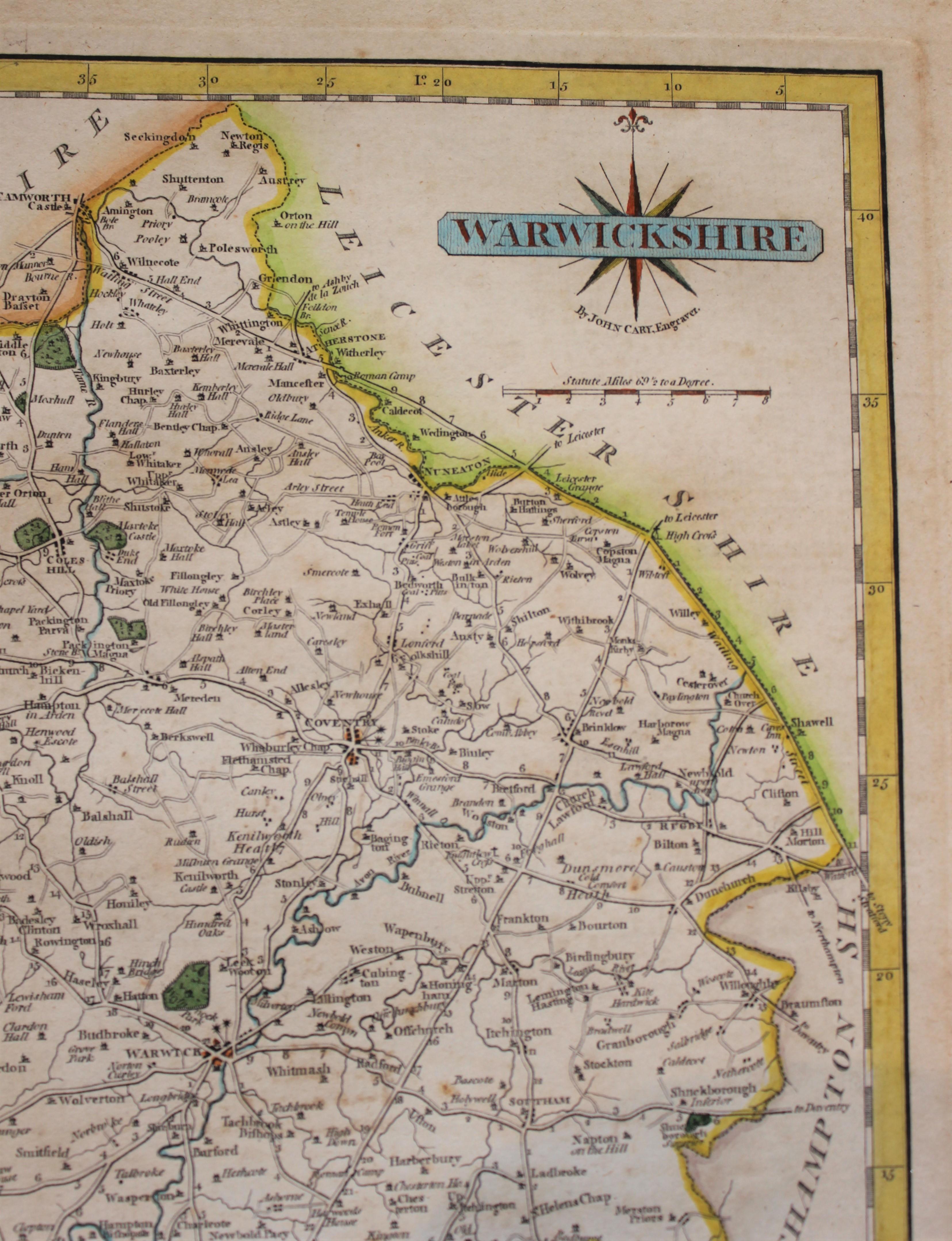Warwickshire Hand Painted Map Engraving from 