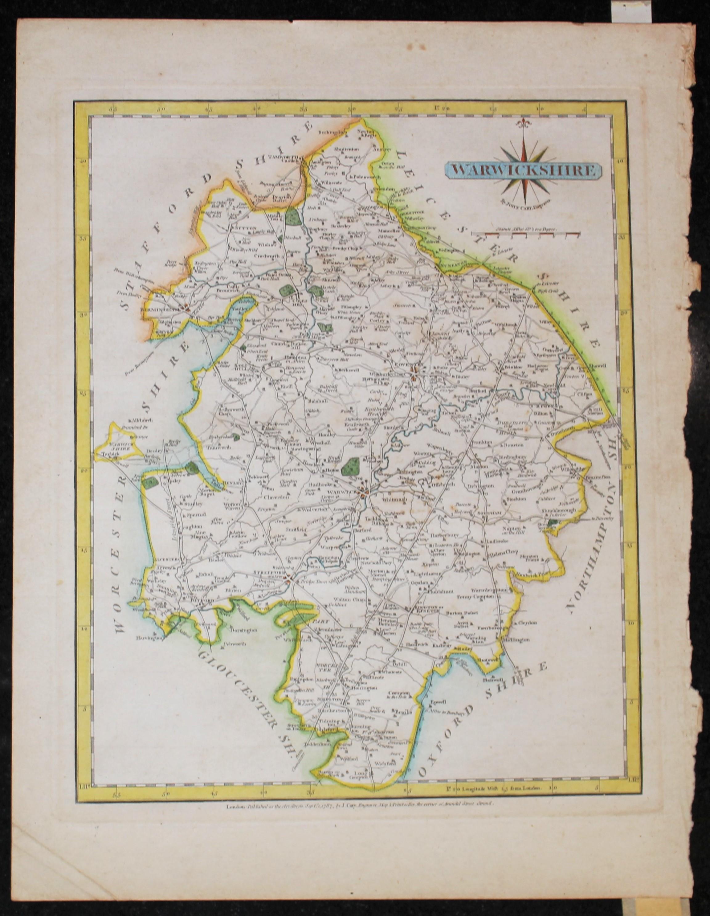 Warwickshire Hand Painted Map Engraving from 