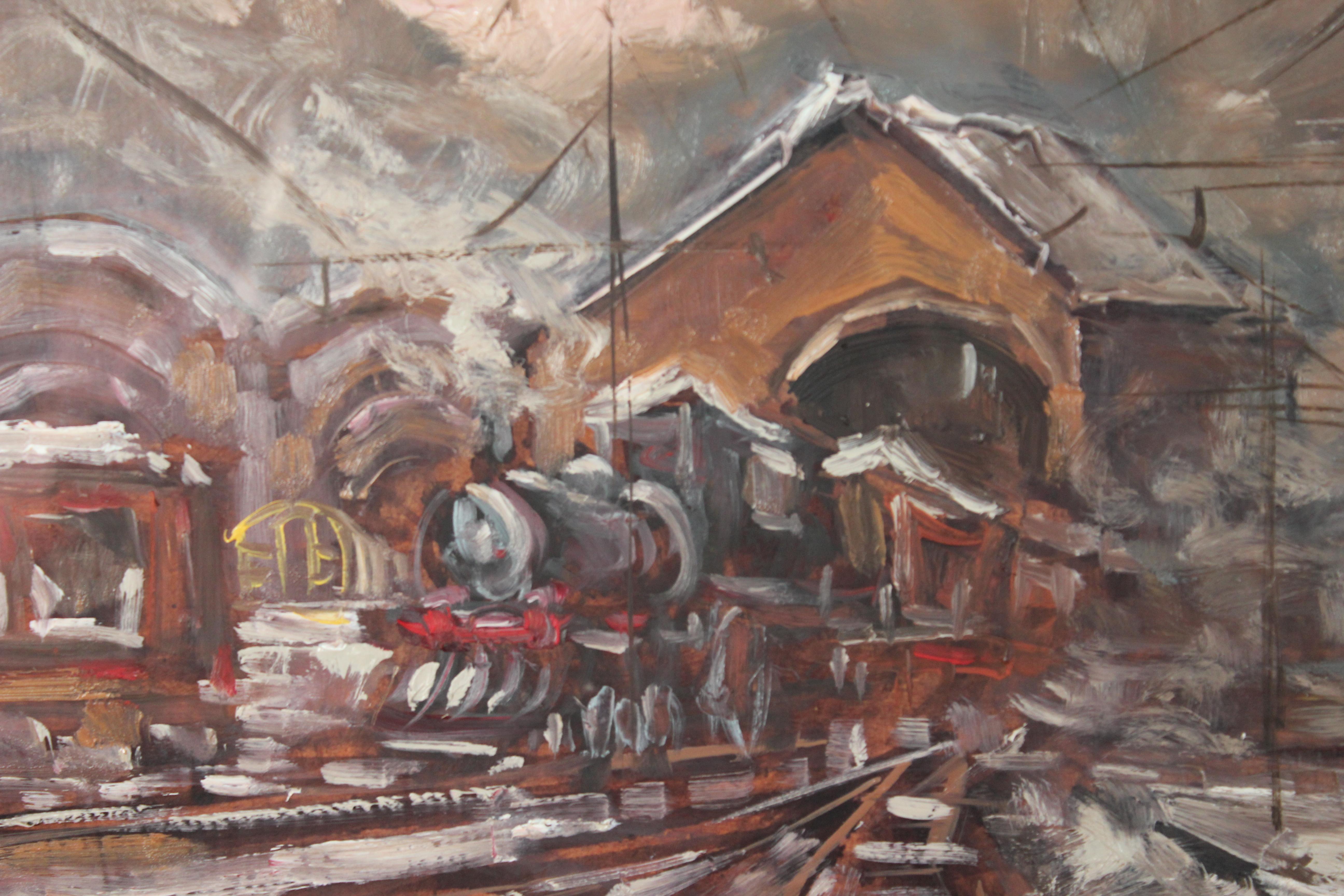 Reisebahn Station Perspektive Landschaft – Painting von A. Casa