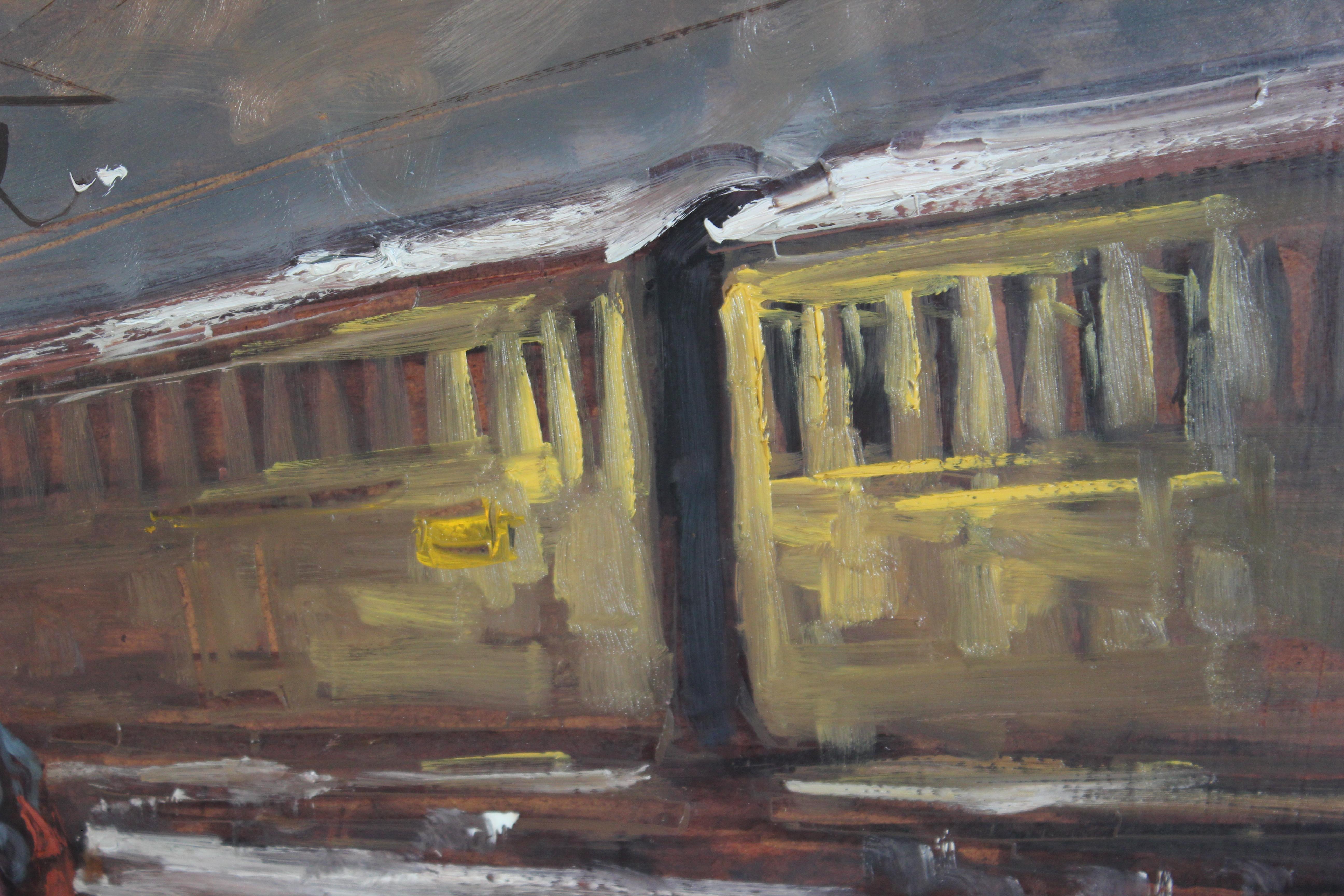 Reisebahn Station Perspektive Landschaft (Braun), Figurative Painting, von A. Casa