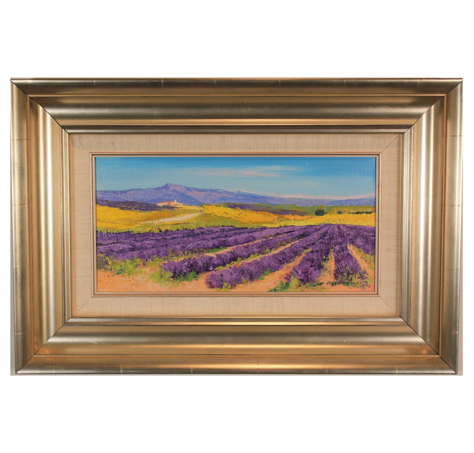 "Lavandes a Simiane" Landscape of a Lavender Field - Painting by Daniel Girault 