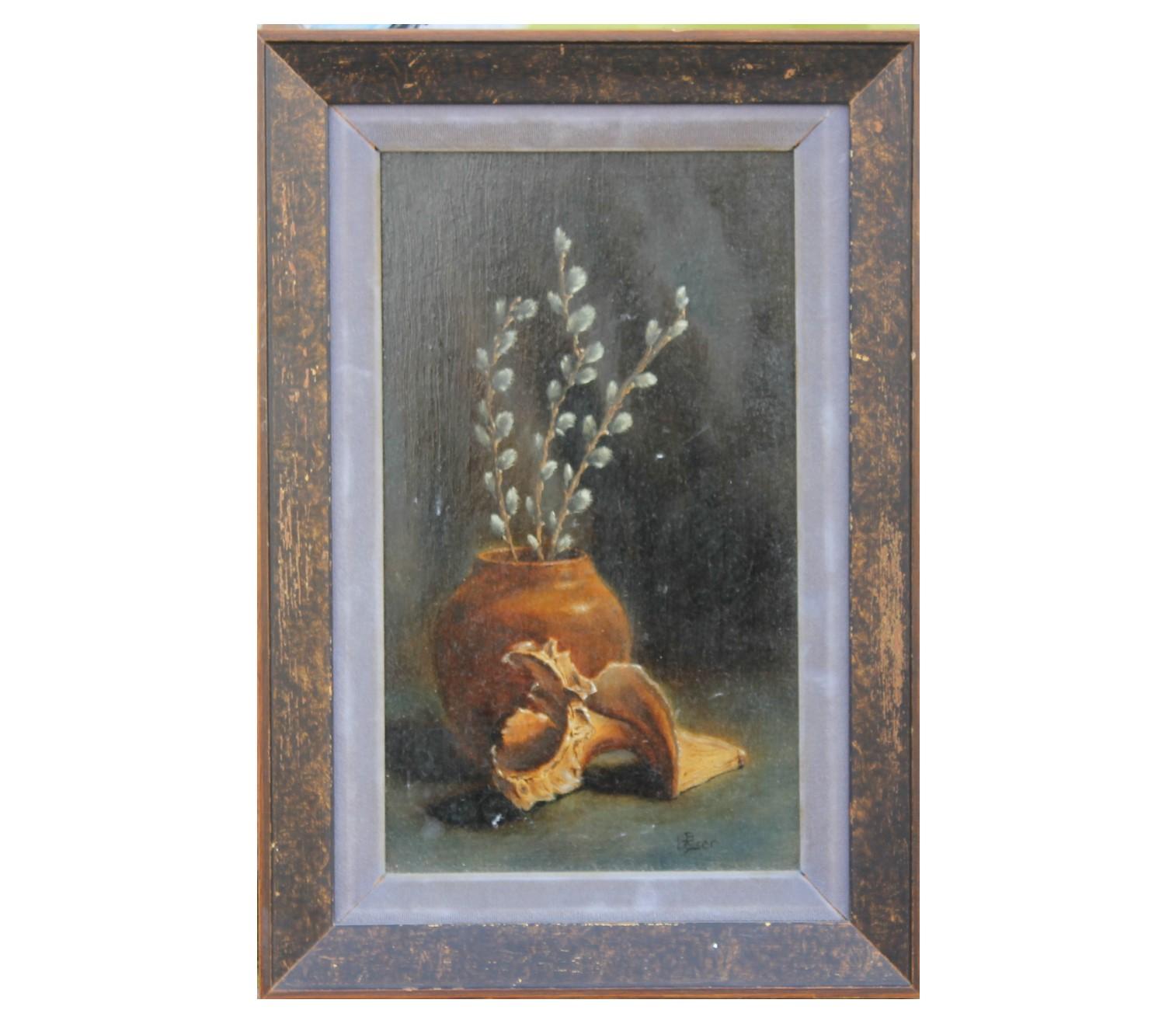 B. Leiser Interior Painting - Still Life with Conch and Potted Plant