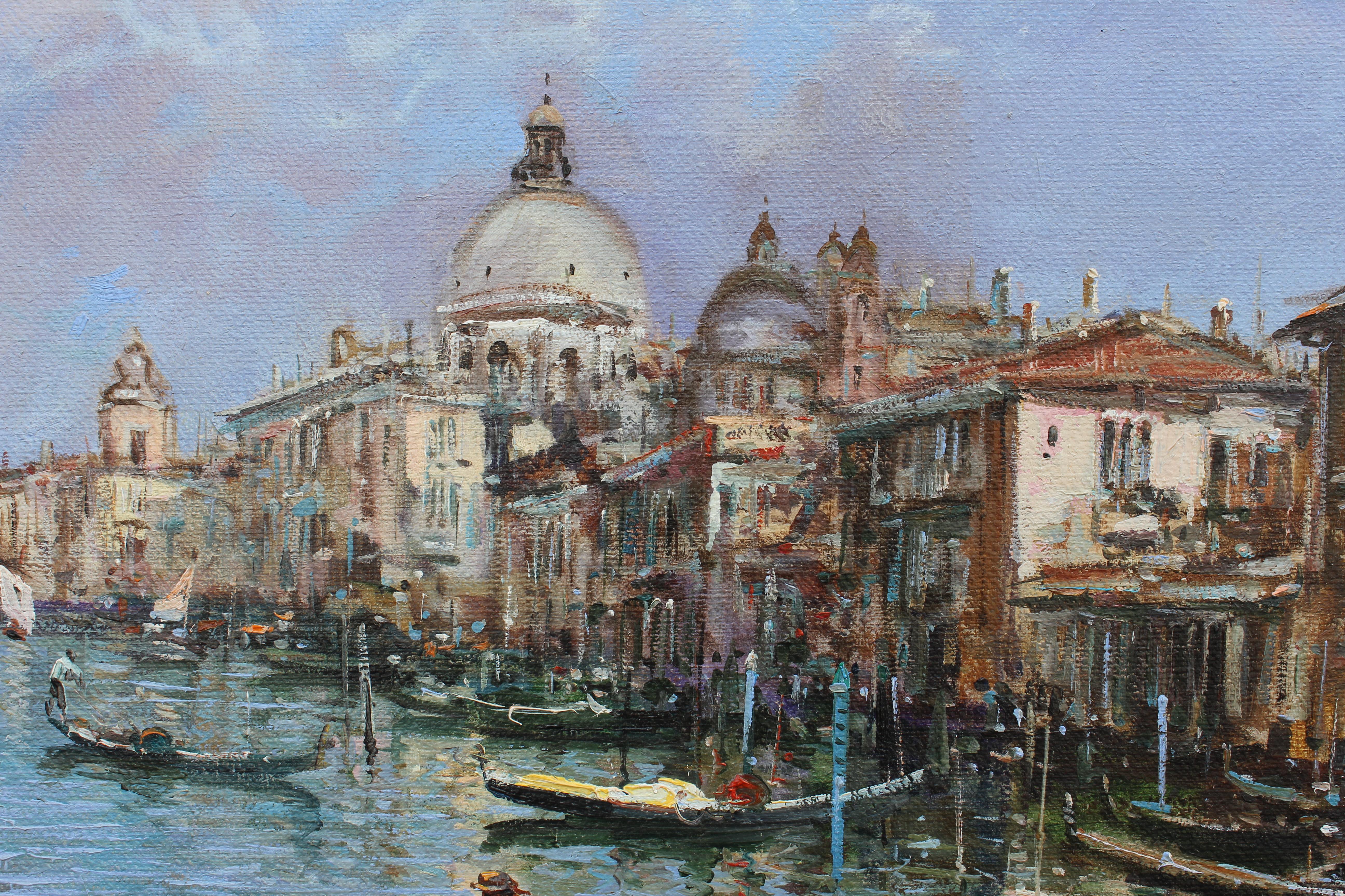 View of Venice Canal - Gray Landscape Painting by Ciro Canzanella