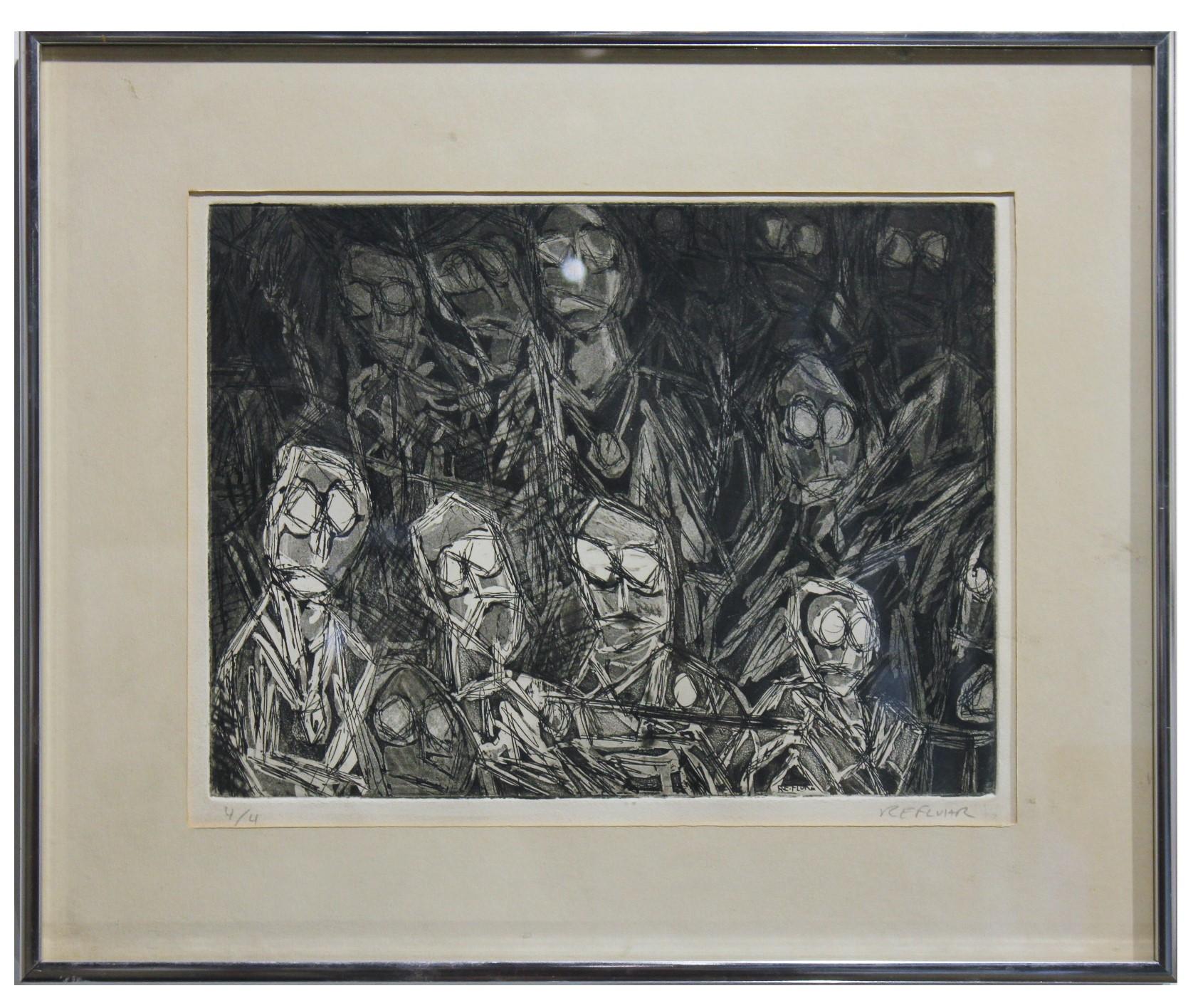 Richard E. Fluhr Figurative Print - Surrealist Crowed of Figures in Black and White Edition 4 of 4