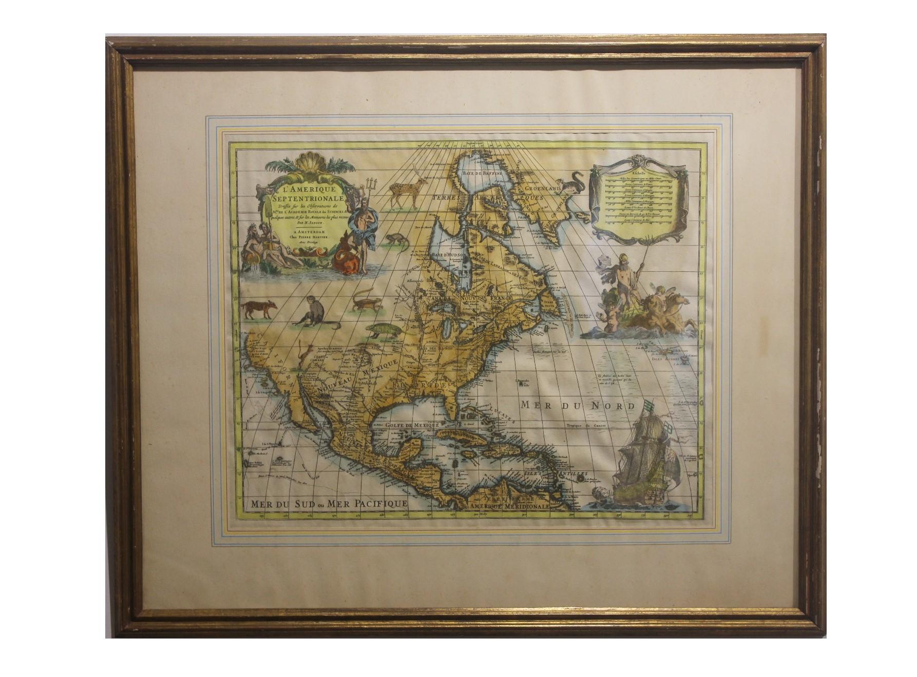 Chez Pierre Mortier Landscape Print - New Revised North America Map with Mythical Figures and Animals
