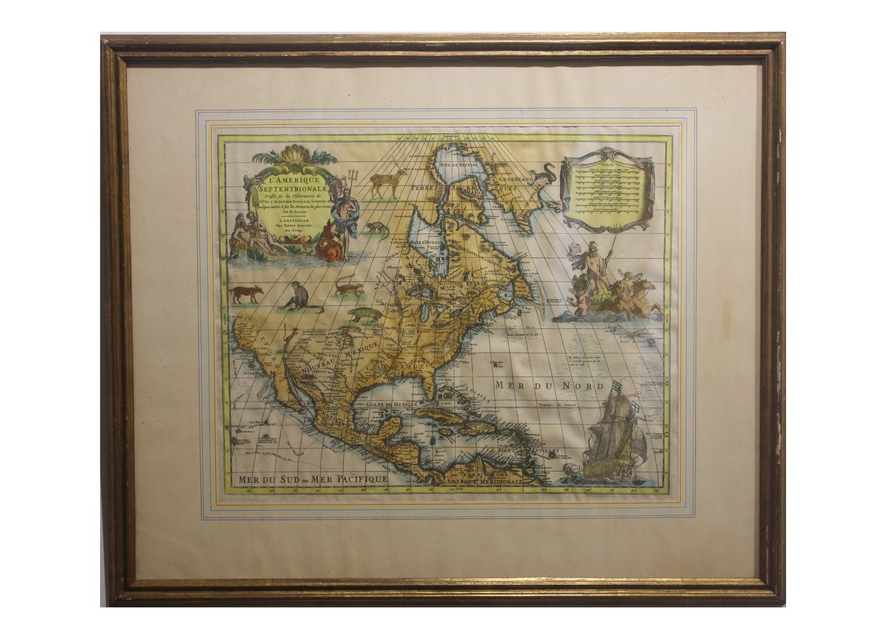 Landscape Print de Chez Pierre Mortier - Nuevo mapa revisado de América del Norte con figuras míticas y animales